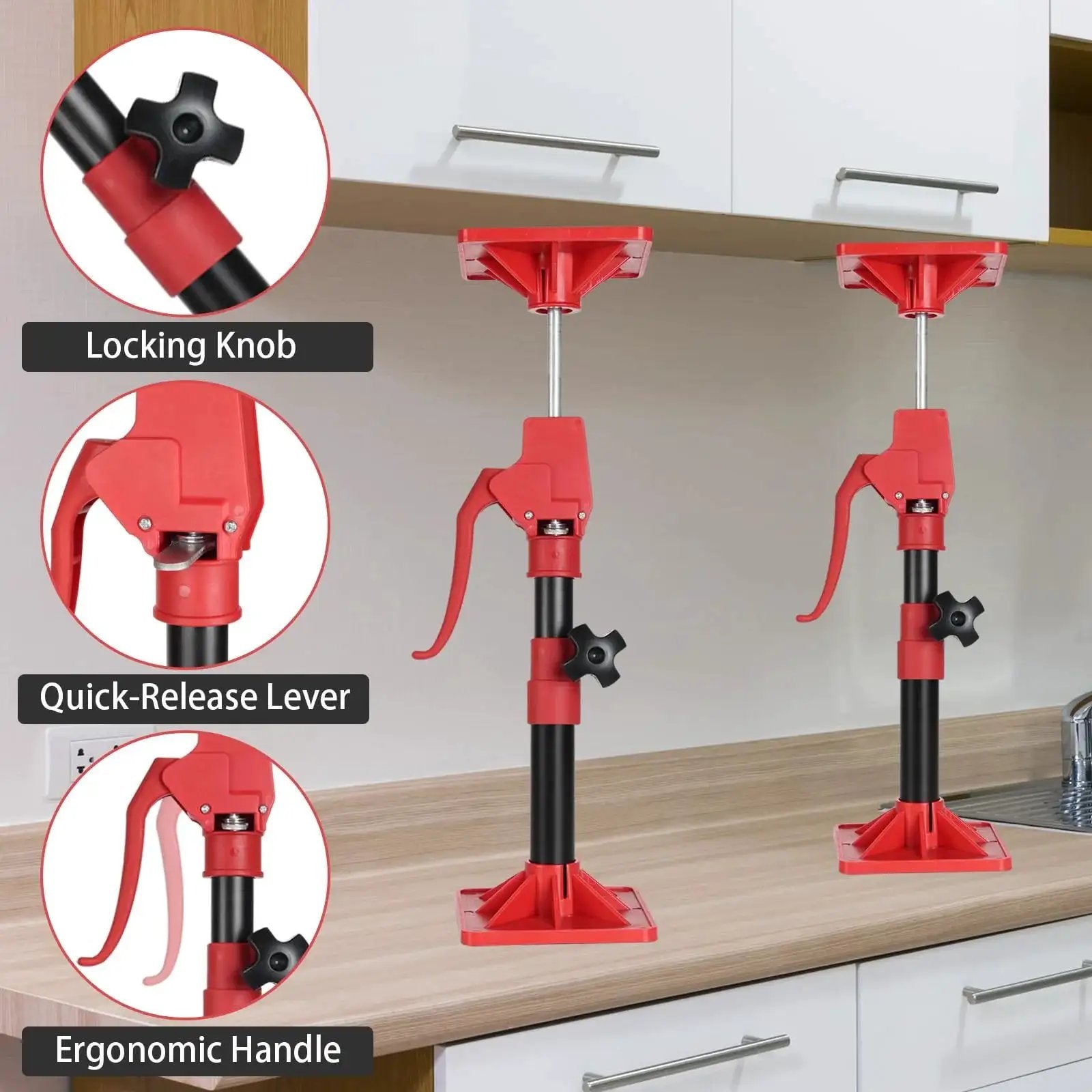 Adjustable Third Hand Pole For Cabinet Installation 11.8 To 23.5 In 78 Lb 2 Pack showing locking knob, lever, handle and installed support