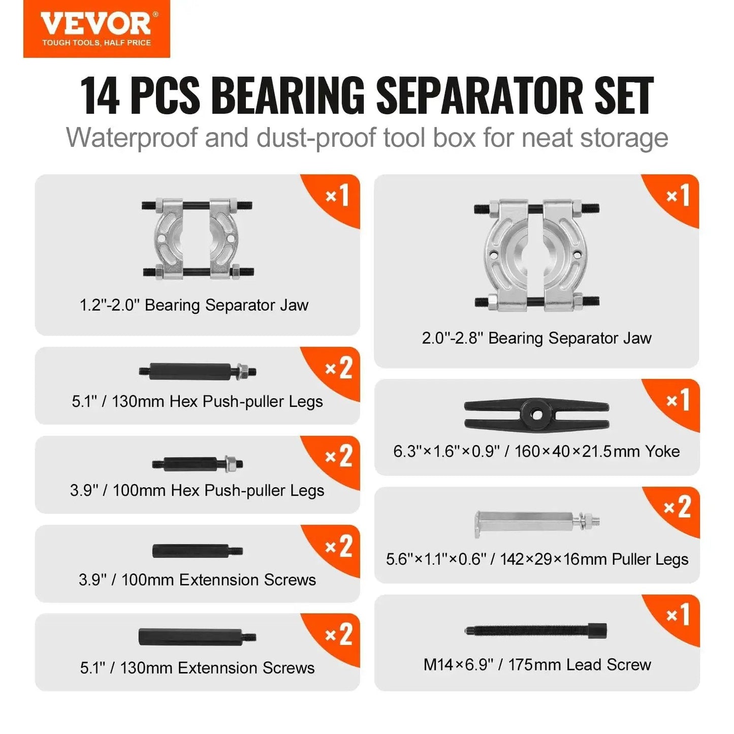 14 Piece Bearing Puller Kit With 5 Ton Capacity, Dual Jaw Sizes, Bearing Separator and Puller Set, components and sizes displayed
