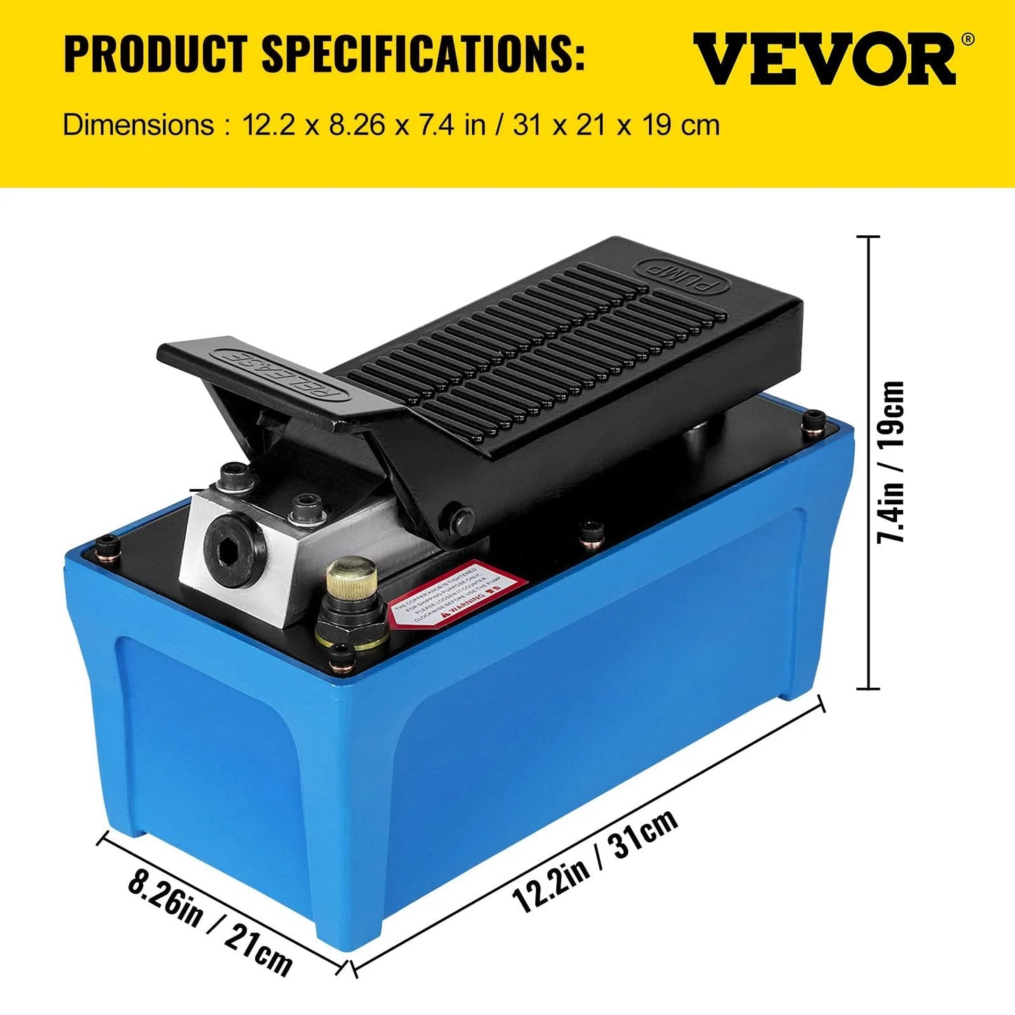 Heavy Duty Air Over Hydraulic Foot Pump 10000 PSI Workhorse With 1/2 Gallon Reservoir, shown in blue with dimensions.