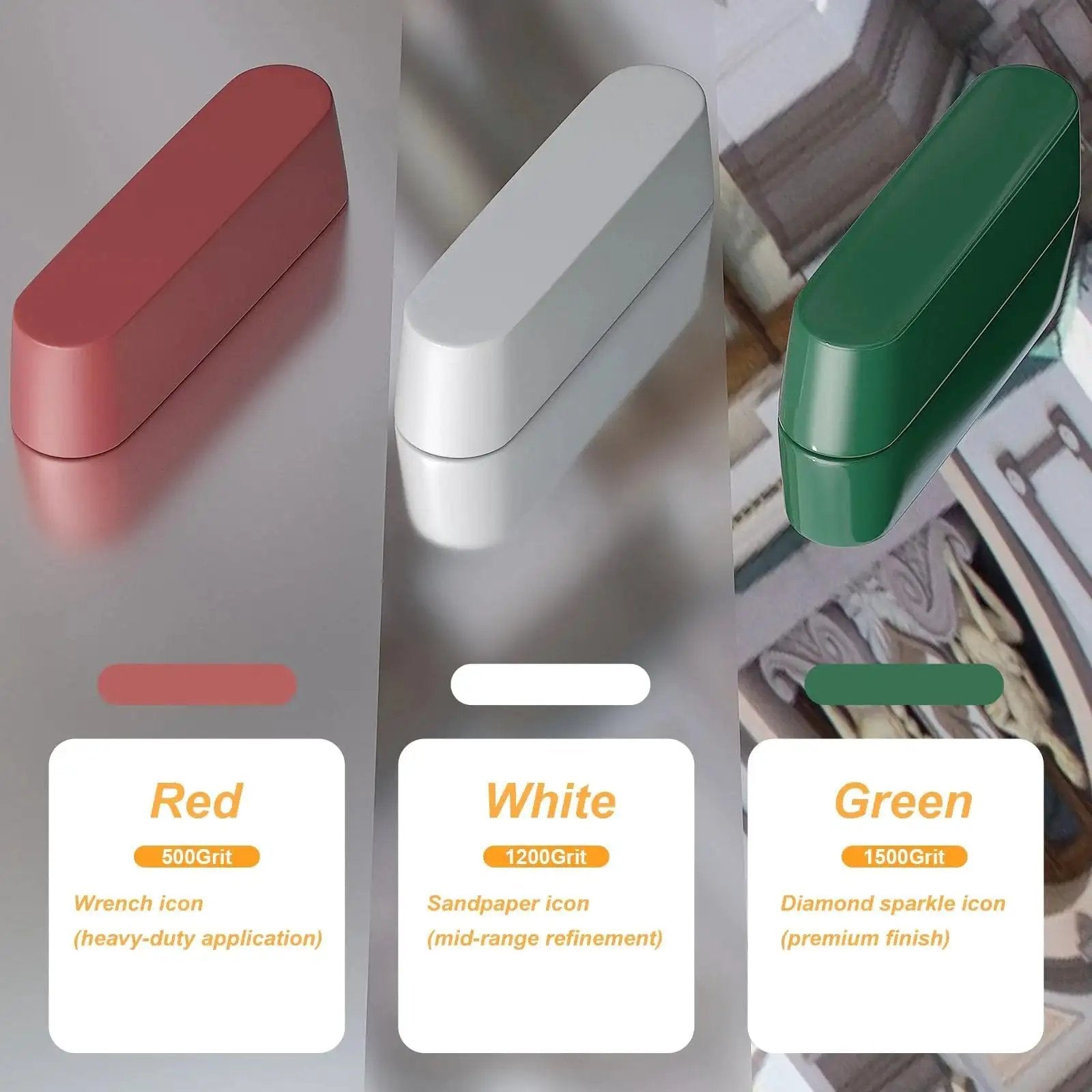 Red, white, and green rectangular polishing compounds labeled with grit levels 500, 1200, and 1500 respectively.