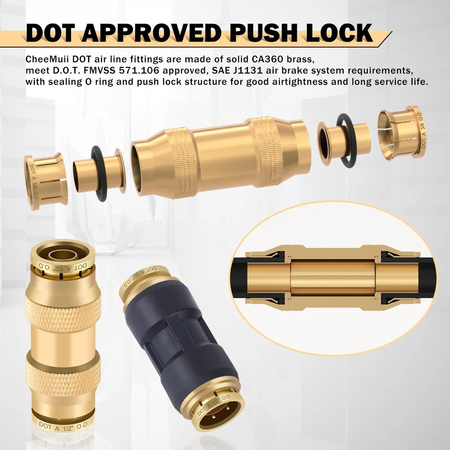 80 Piece Brass DOT Air Line Fittings Kit With Push Lock And Compression Quick Connect Unions For One Eighth Inch To One Half Inch Air Hose Fittings Assortment CheeMuii, displaying brass fittings and connectors