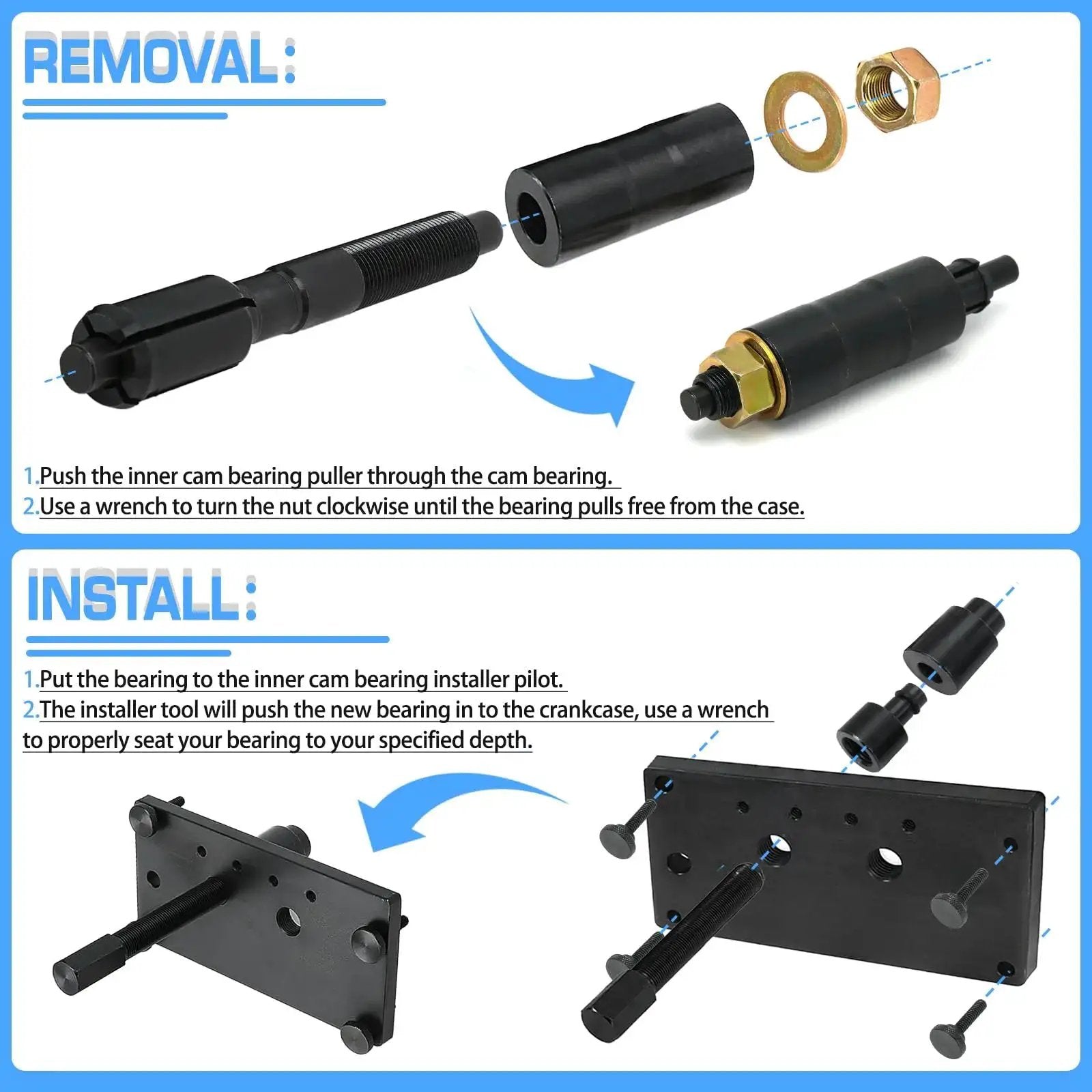 Inner Cam Bearing Installer And Puller Tool For Harley Twin Cam Engines 1999 To 2017 with disassembly and installation instructions