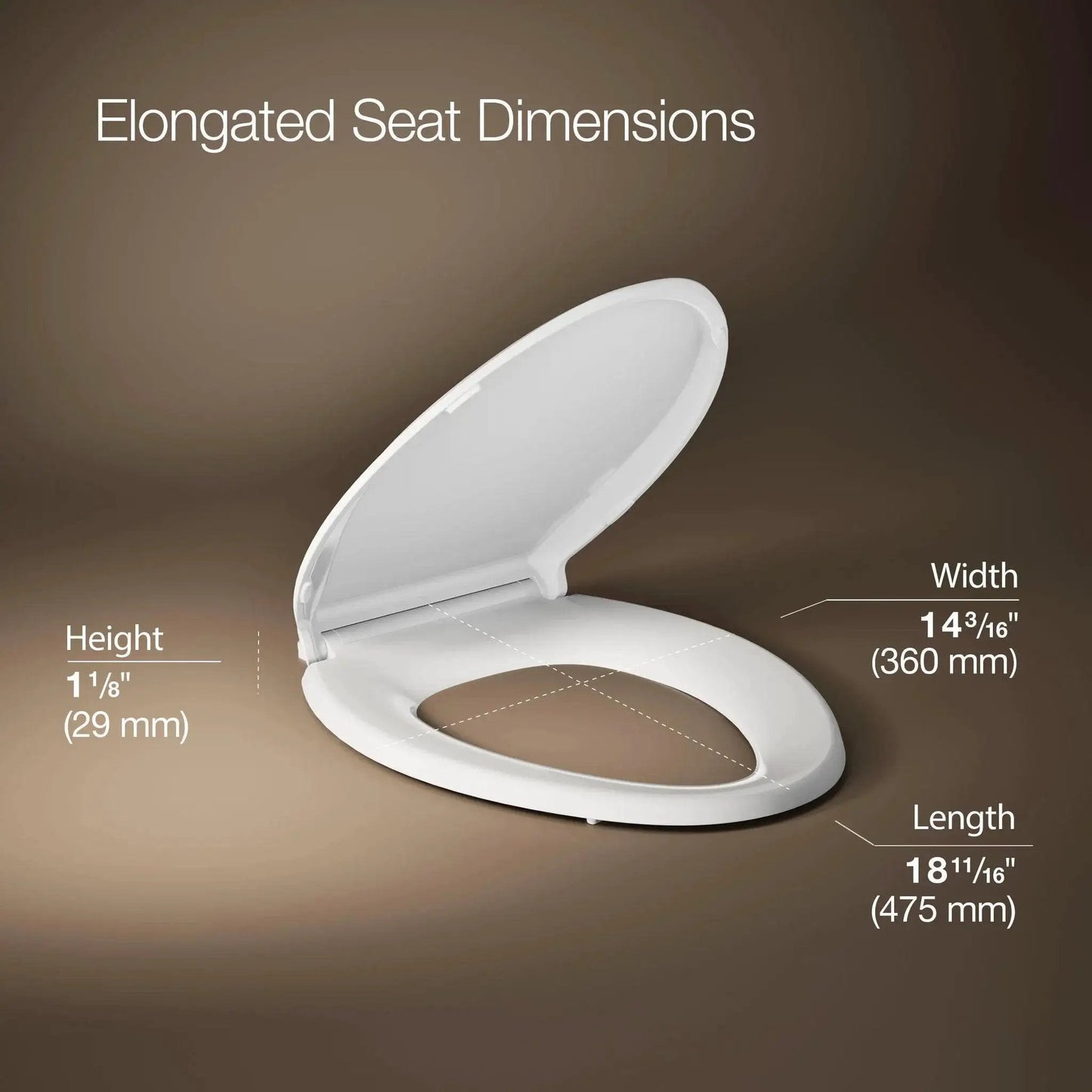 Cachet ReadyLatch Elongated Toilet Seat With Soft Close Lid And Easy Install shown with dimensions of width, length, and height