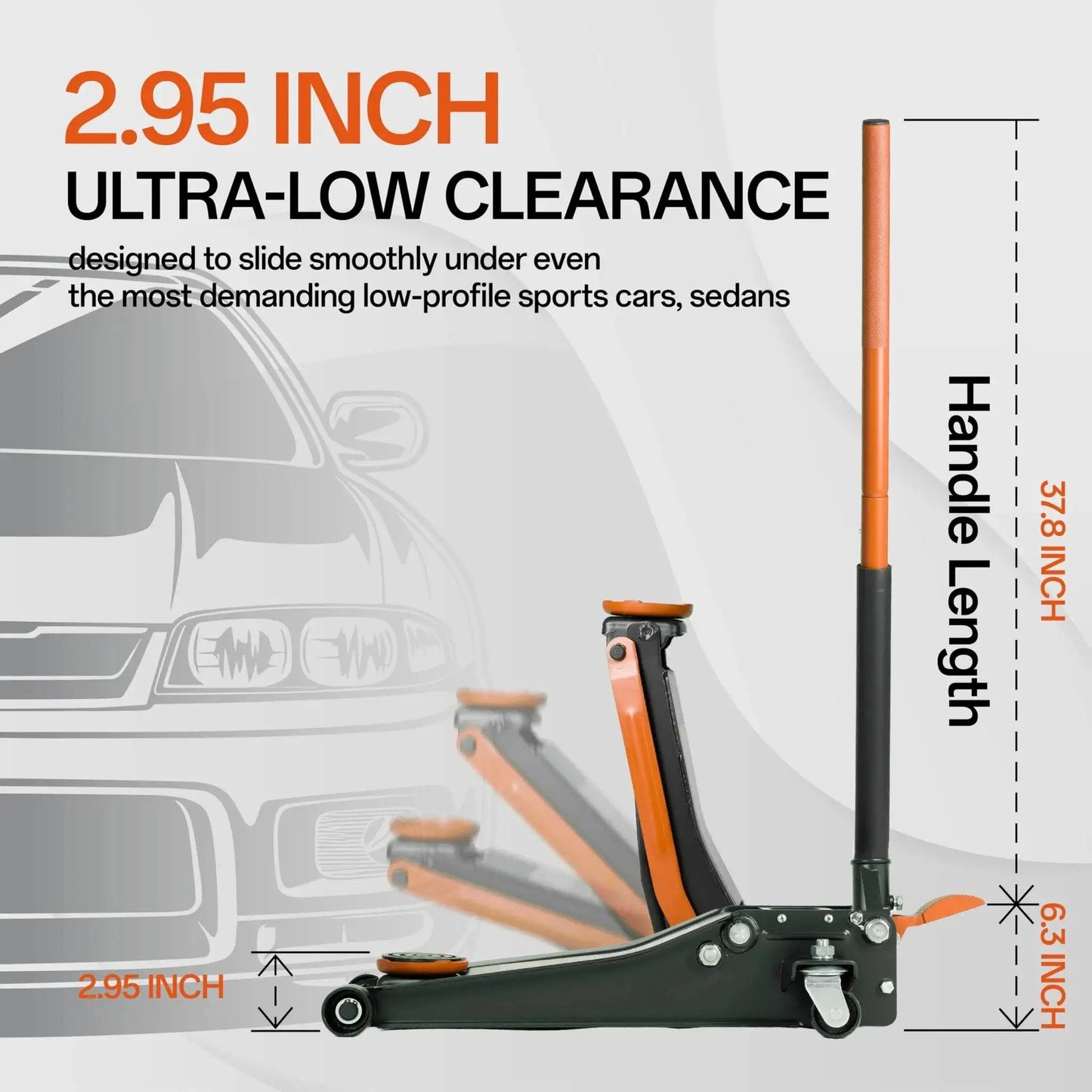Low Profile 3 Ton Hydraulic Floor Jack With Dual Pistons And Quick Lift demonstrating ultra-low clearance with car outline