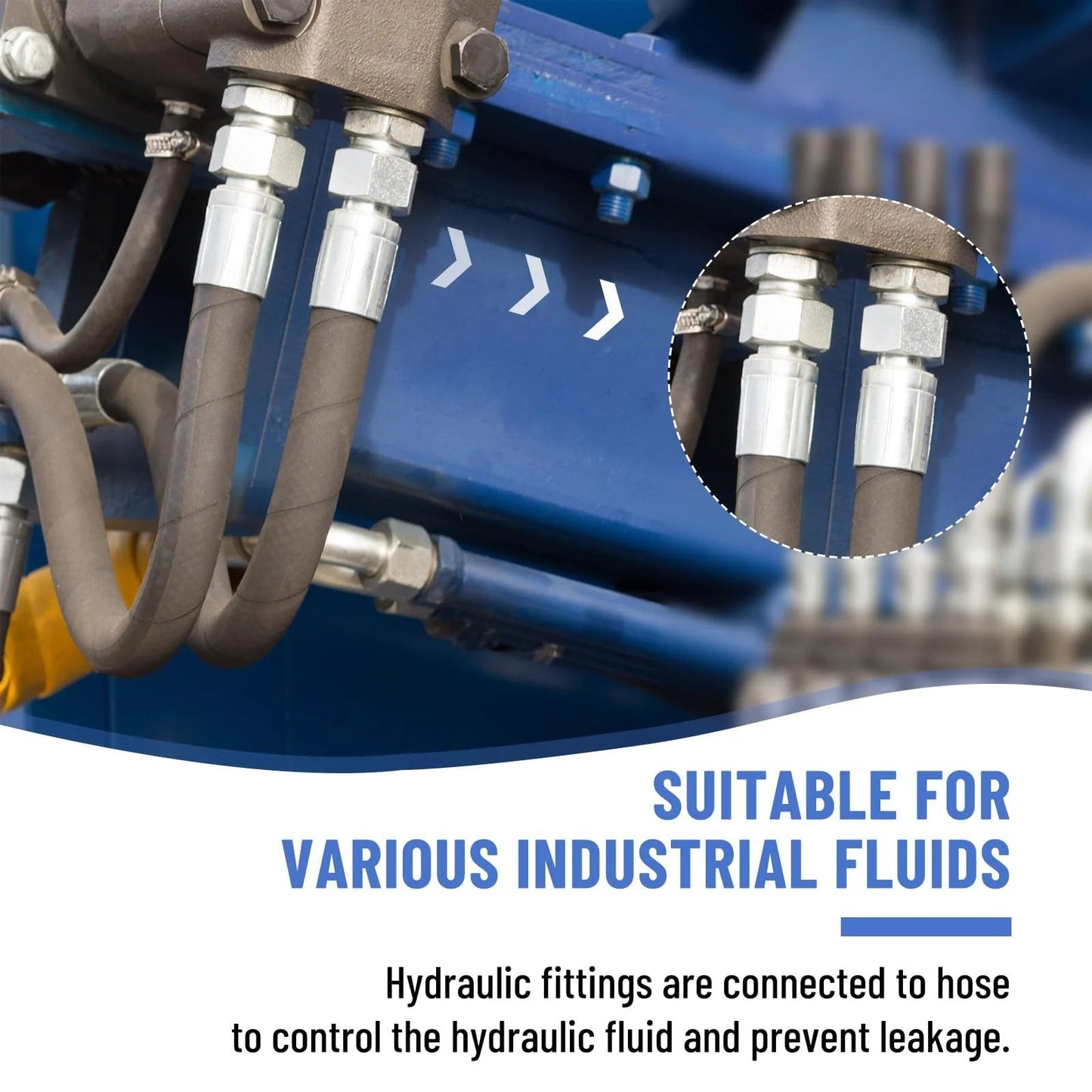 Image of Twelve Pack Hydraulic Hose Fittings Set By Racewill For Three Eighths Inch Inner Diameter Hose With Three Eighths Inch NPTF Male Threads And Protective Covers Crimp Fitting Kit Compatible With Weatherhead Eaton Dayco U Series installed on industrial machinery, with a close-up of connected hoses and fittings.