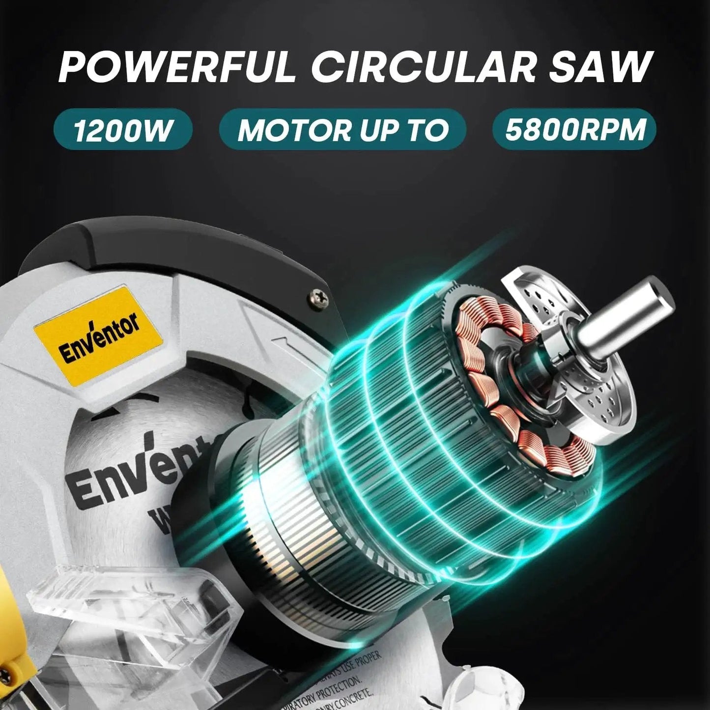 Powerful 7-1/4 Inch Circular Saw With A 10A Pure Copper Motor And Laser Guide Delivers 5800 RPM Includes Two Blades 40T And 24T Adjustable Cutting Angle From 0 To 90 Degrees One Handed Bevel Design Blue showing motor detail