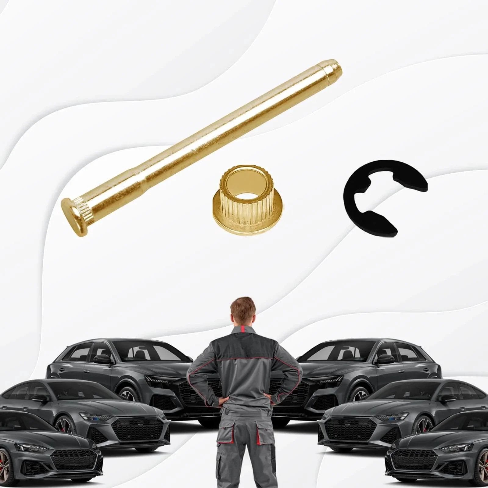 4 Piece Door Hinge Pins And Bushings Kit For Ford F100 F150 F250 F350 And Bronco 1980 1985 And 1996 Models shown with man and cars