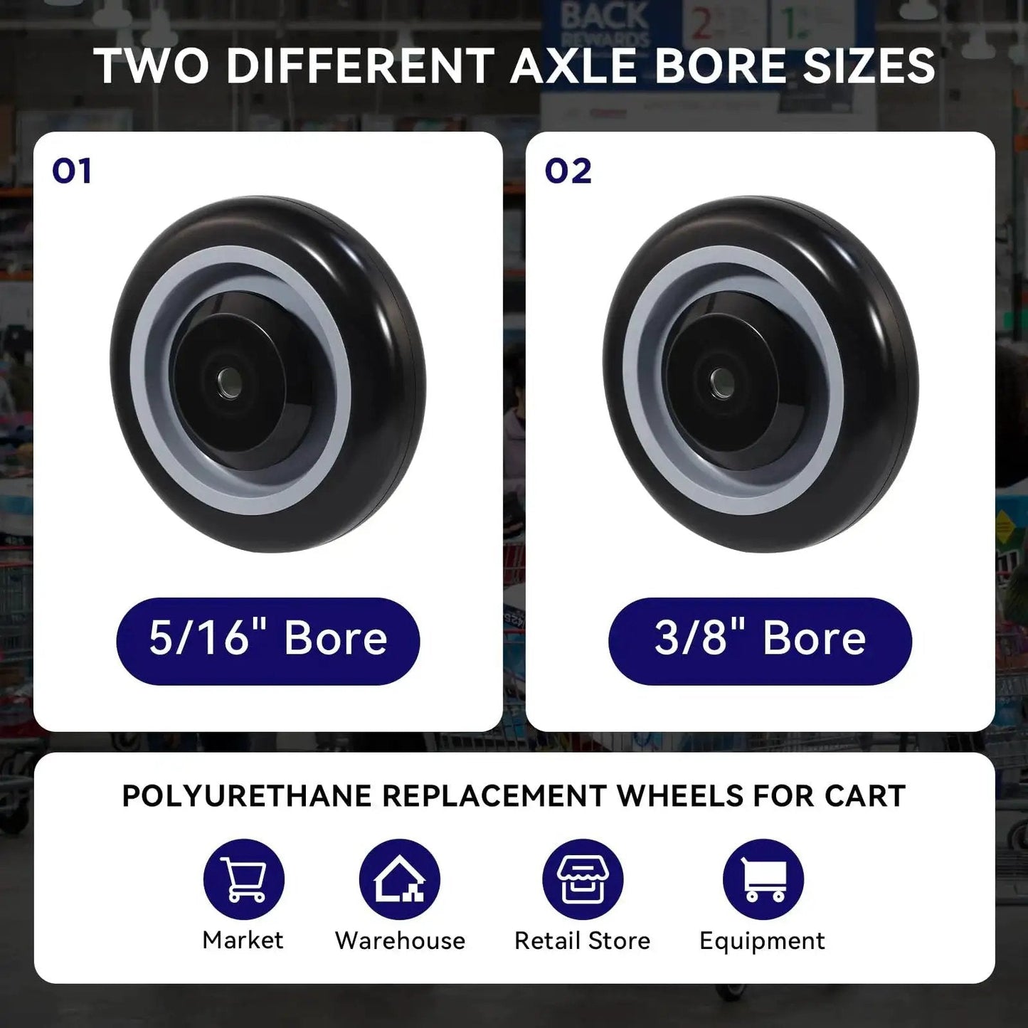 5 Inch Shopping Cart Wheels Replacement Set With Five Sixteenth Inch Axle Polyurethane Casters 1400 Lbs Total Capacity