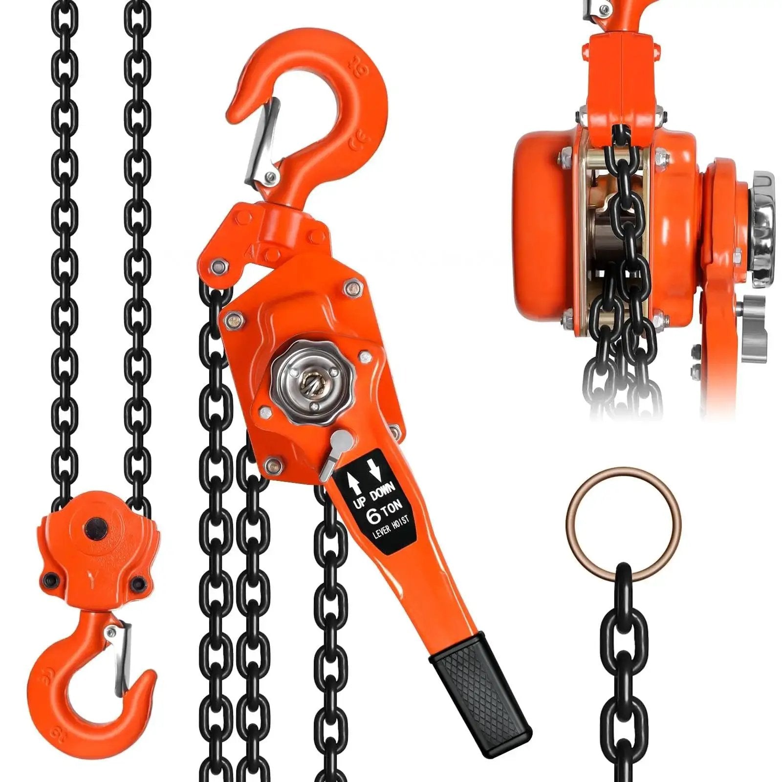 8 Ton Lever Chain Hoist with Double Pawl Brake 10 Ft Lift G80 Galvanized Steel, showing hooks and chain in front and side views