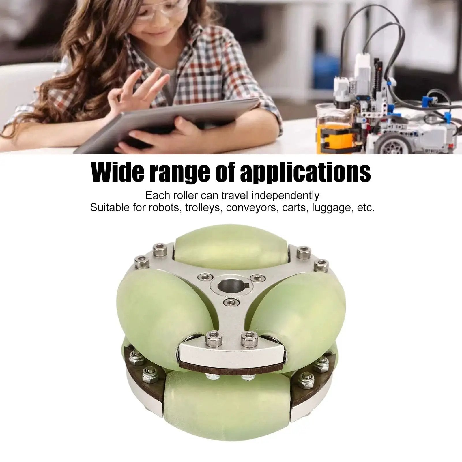 Heavy Duty 100mm Omni Directional Wheel With Double Row Aluminum Alloy For 360 Degree Rotation shown with applications in robots and carts