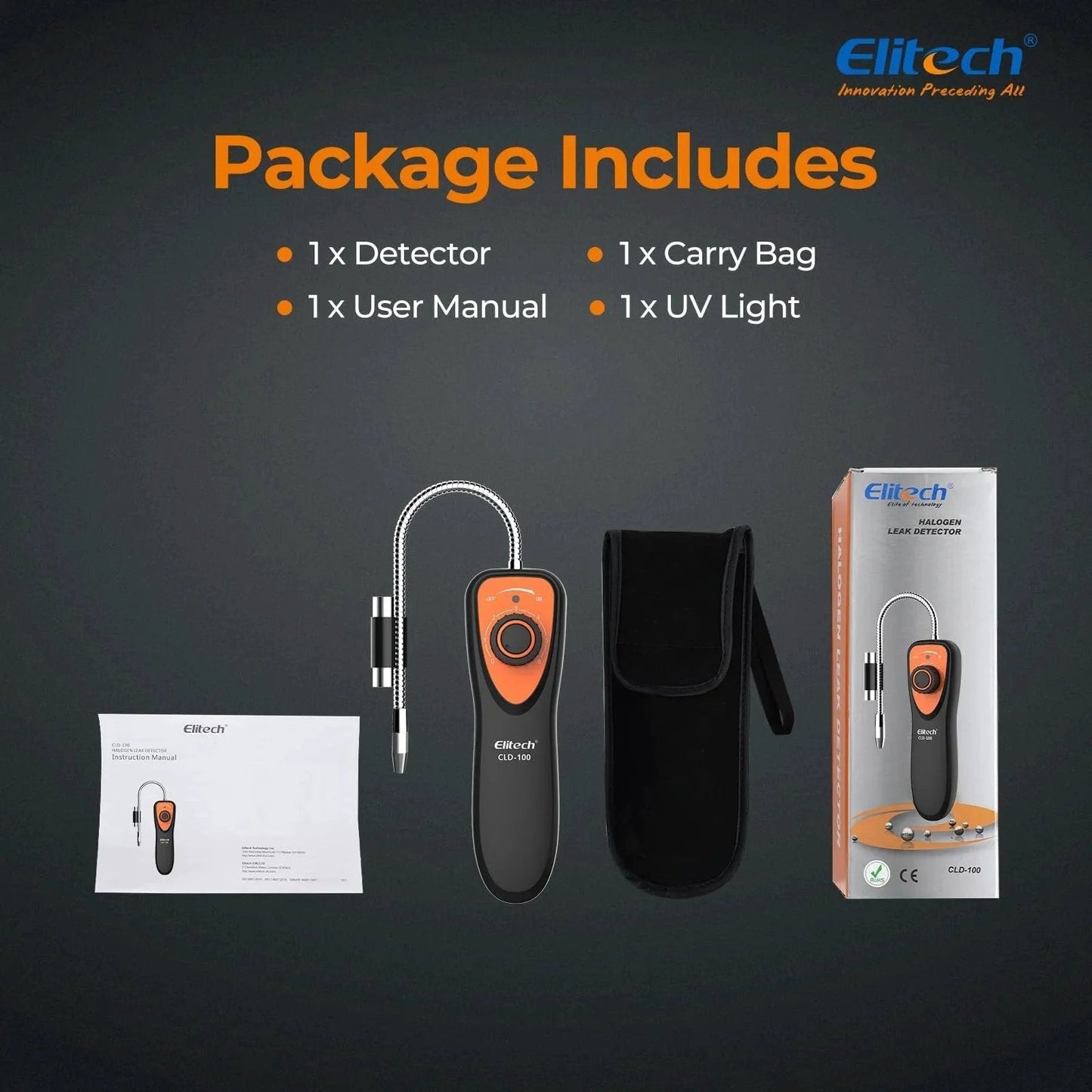 Advanced Freon Leak Detector For Car HVAC Systems With 6 Second Preheat And Adjustable Sensitivity Detects R11 R22 R134A R404A R410A And All Halogenated Refrigerants Including CFC HCFC HFC Blends Elitech CLD 100 with accessories