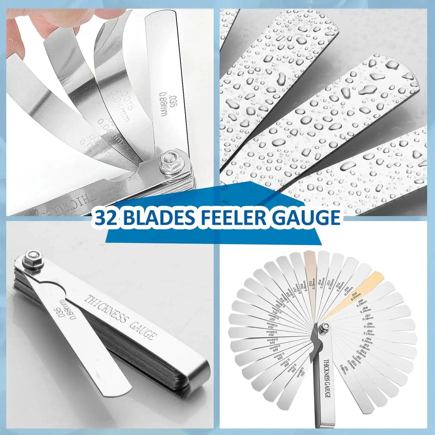 Feeler Gauge Set Stainless Steel 32 Blades Dual Marked Metric And Imperial 0.04 To 0.88 Mm 0.0015 To 0.035 Inch Thickness Gauges For Valve Clearances And Gap Widths And Engine Tolerances Pro Grade Automotive And Machinery Measuring Tool Kit displayed in various angles.