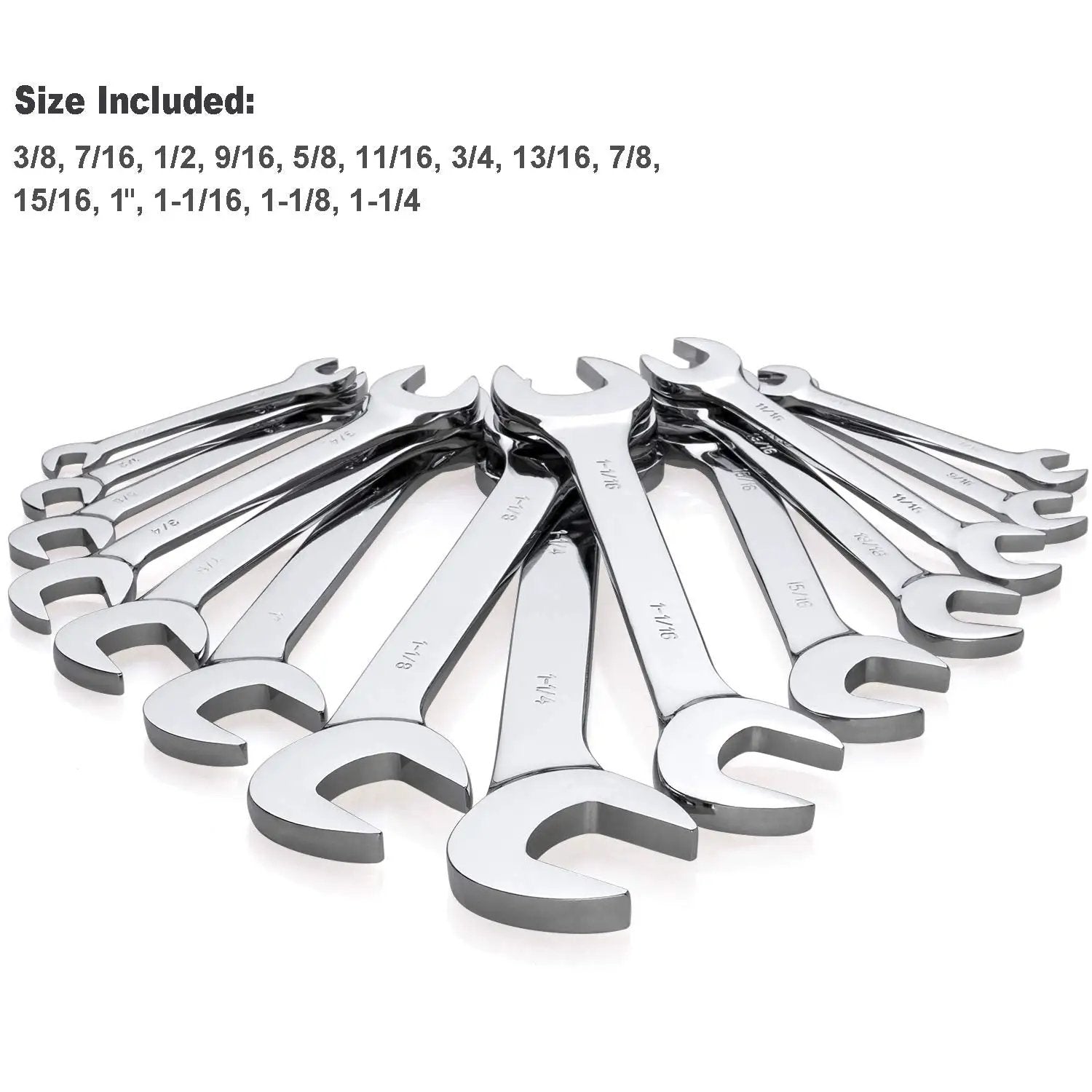 Premium 14 Piece Angle Head Open End Wrench Set In Chrome Vanadium Steel With Rust Resistant Mirror Finish, sizes on display