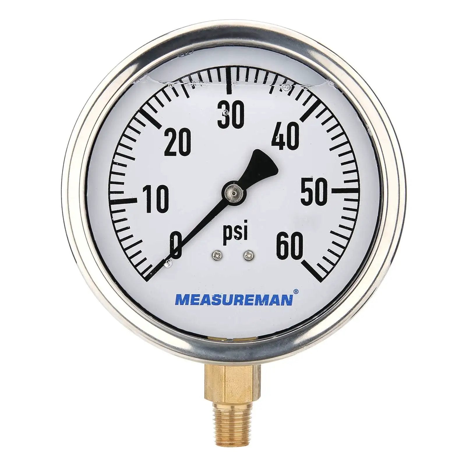 Glycerin Filled 4 Inch Dial Pressure Gauge For Plumbing 0 To 60 Psi With Stainless Steel Case, front view showing gauge face and brass mount.