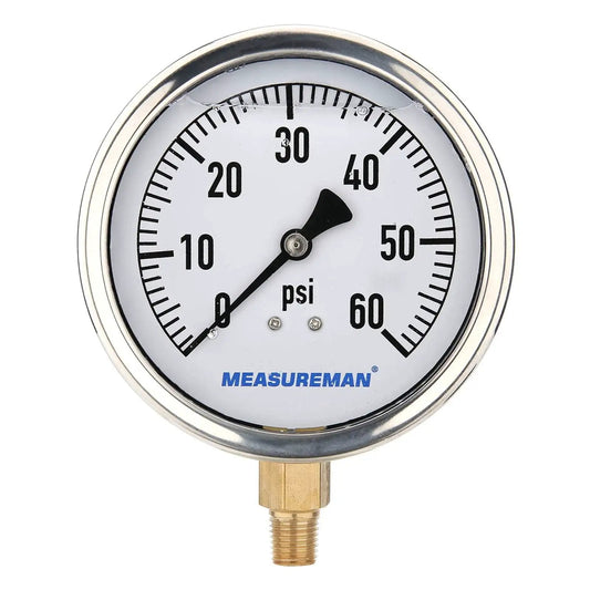 Glycerin Filled 4 Inch Dial Pressure Gauge For Plumbing 0 To 60 Psi With Stainless Steel Case, front view showing gauge face and brass mount.