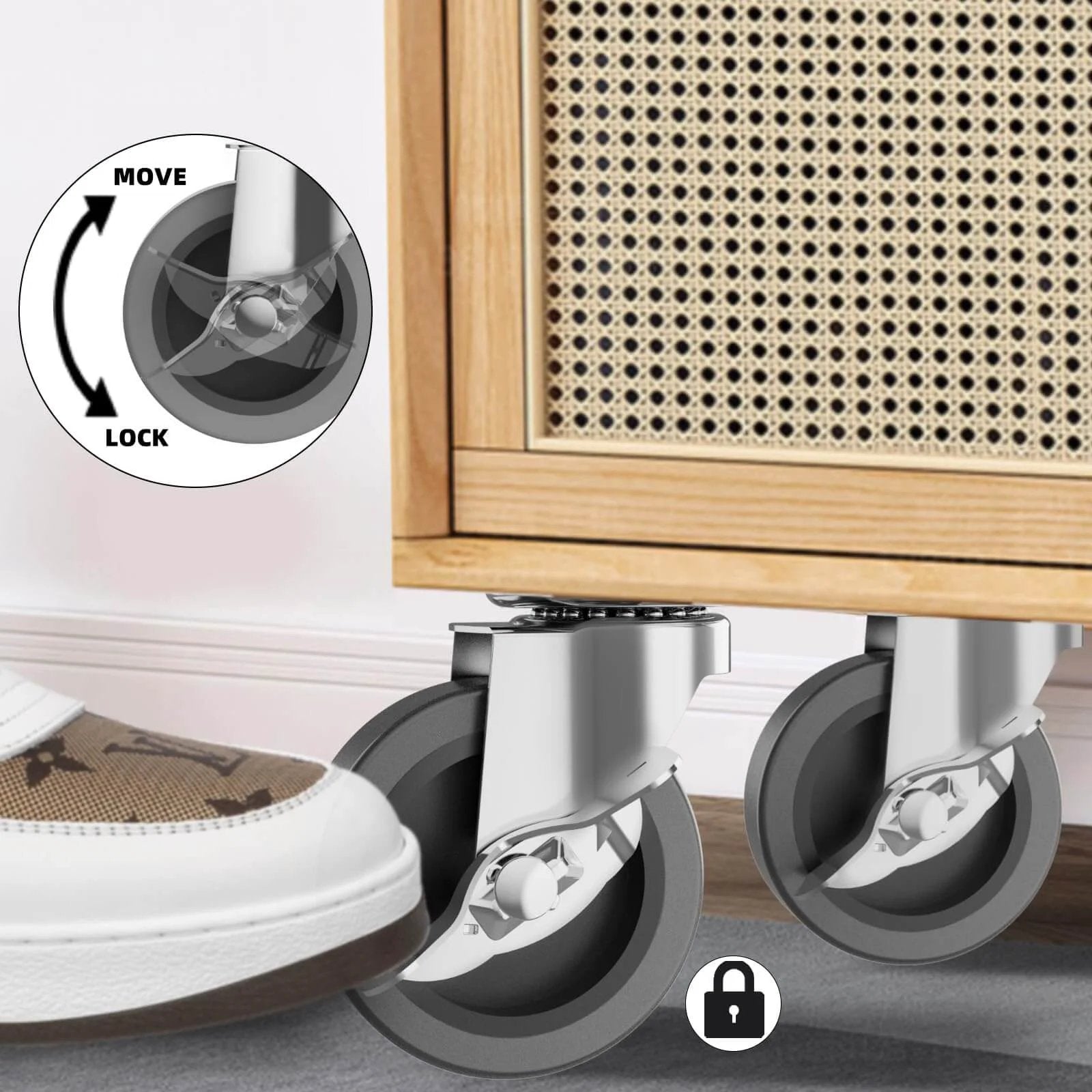 3" Caster Wheels Set of 4 - Heavy Duty Swivel Plate Casters with Rubber Wheels, Locking Brake Castors for Furniture, Carts, and Workbench - Canadian Ball Bearing Supplier.