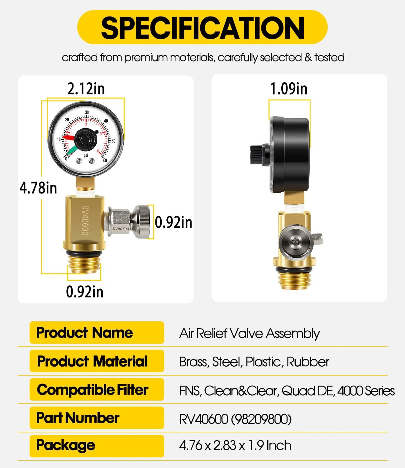 High Flow Manual Relief Valve For Pool And Spa Filters With Pressure Gauge DearChan Brass Assembly 98209800 RV40600 Replacement side view