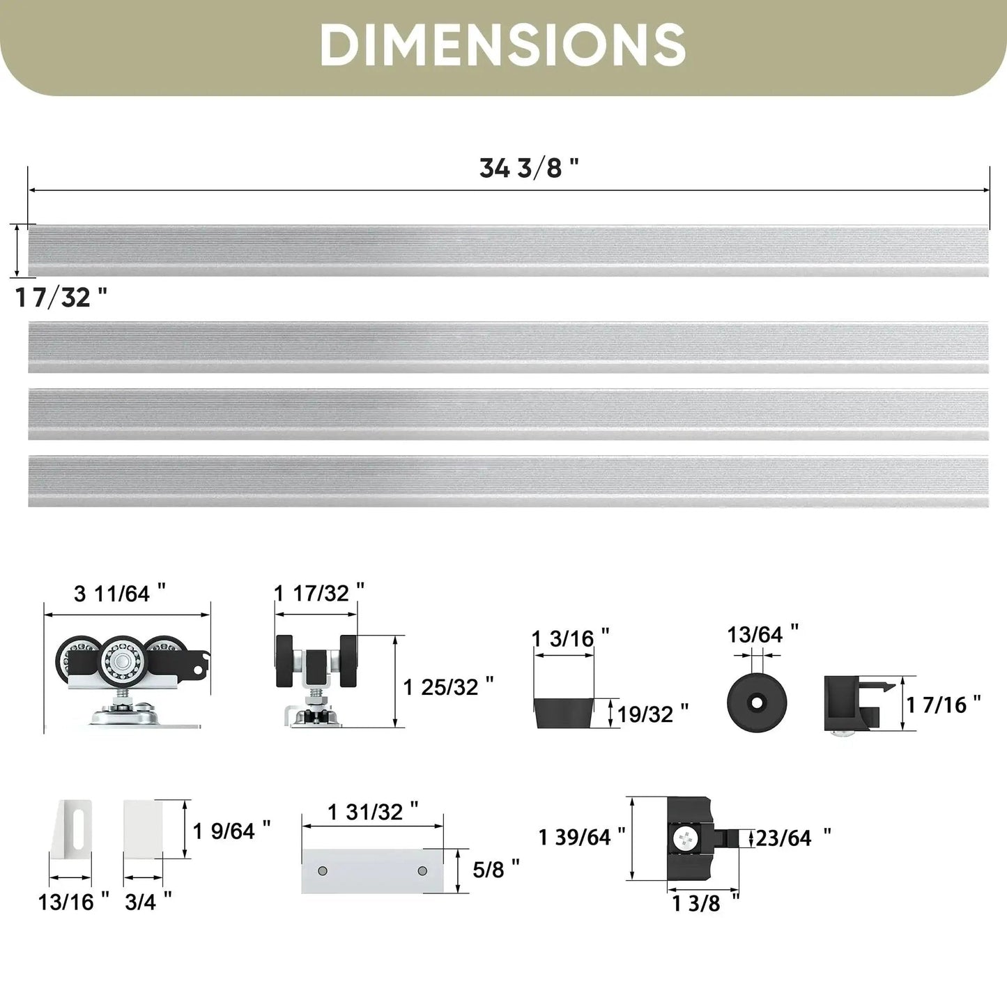 Concealed Sliding Pocket Door Track Kit dimensions with 12 foot dual rail system components and 68.7 inch spliced rails.