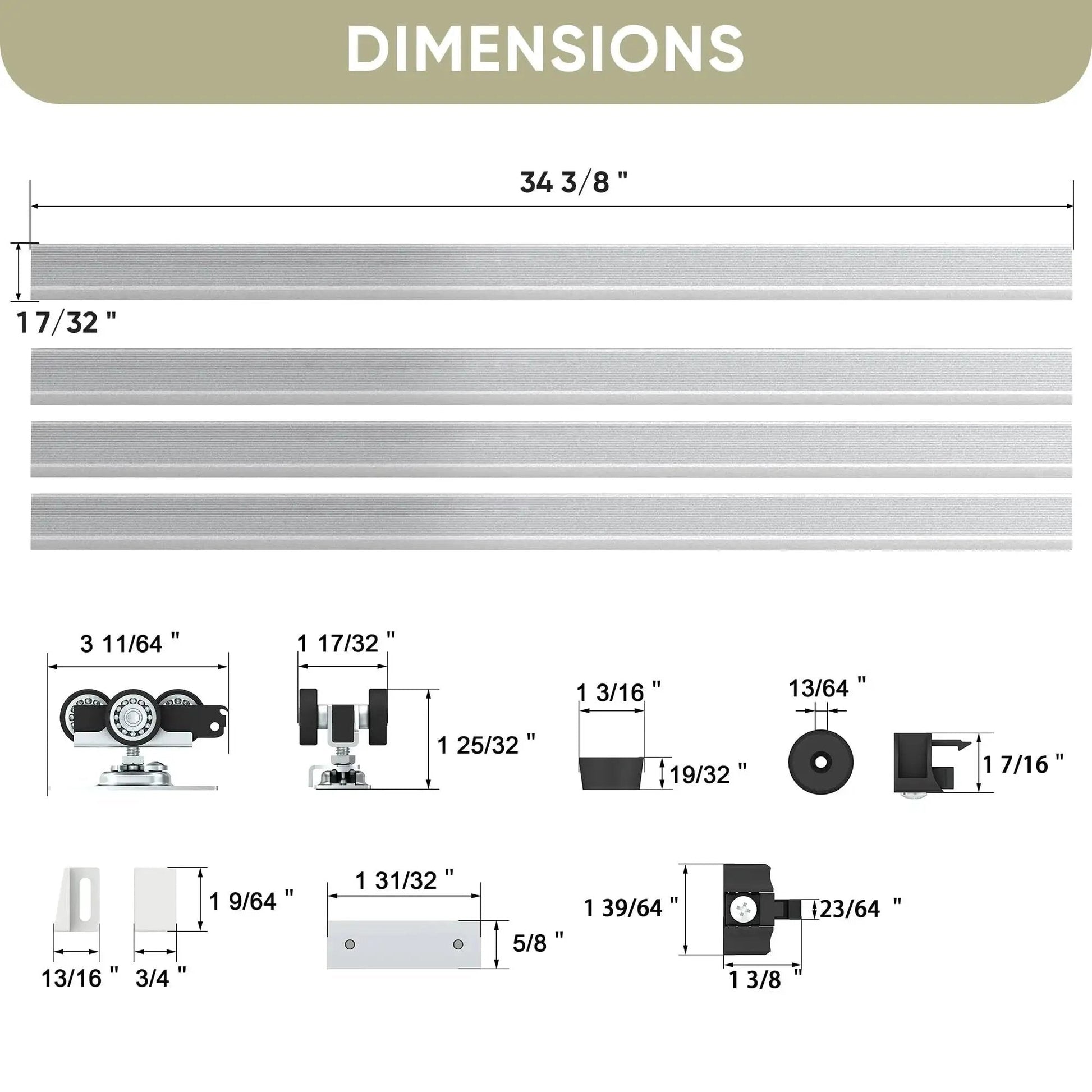 Concealed Sliding Pocket Door Track Kit dimensions with 12 foot dual rail system components and 68.7 inch spliced rails.