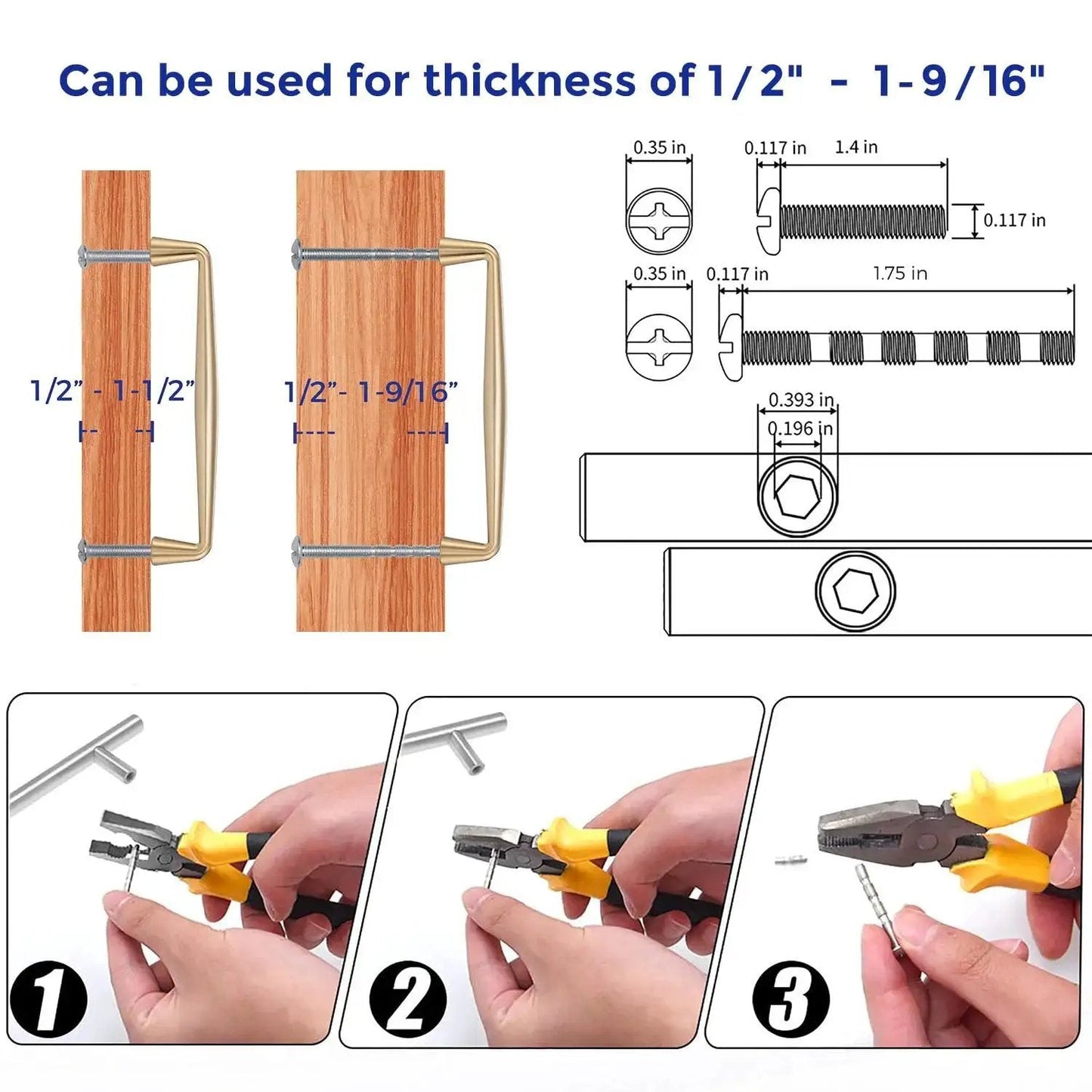 Installation diagram for 10 Pack Champagne Bronze 5 Inch Kitchen Cabinet Handles, showing mounting on wood with measurements and screws.