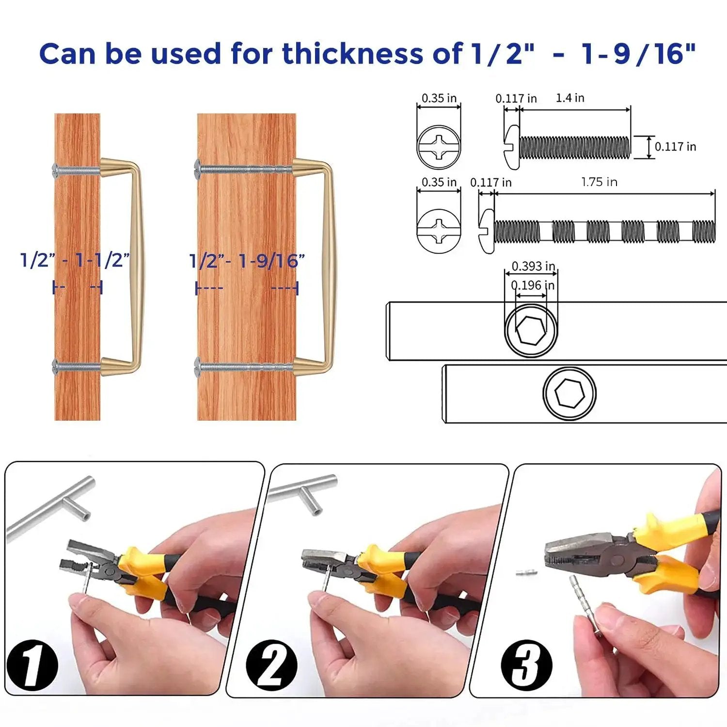 Installation diagram for 10 Pack Champagne Bronze 5 Inch Kitchen Cabinet Handles, showing mounting on wood with measurements and screws.