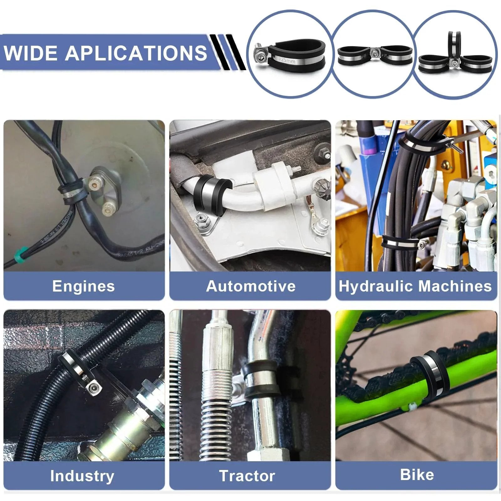 112 Piece Cable Clamps Kit Stainless Steel 304 Rubber Cushioned Assortment For Hoses Tubes Automotive Fuel Line And Wiring Ten Sizes displaying applications in engines, automotive, hydraulic machines, industry, tractor, and bike use.