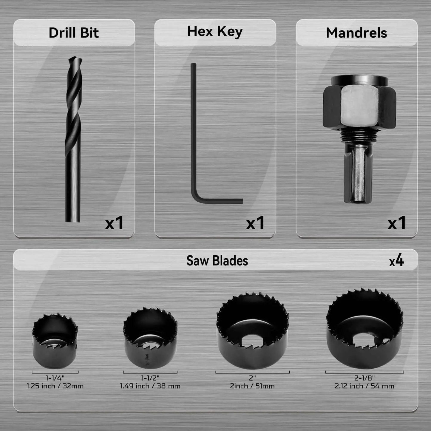 Six Piece Hole Saw Kit With Case And Mandrels For Soft Wood PVC And Plywood 1-1/4 To 2-1/8 Inch 32-54mm Set KATA