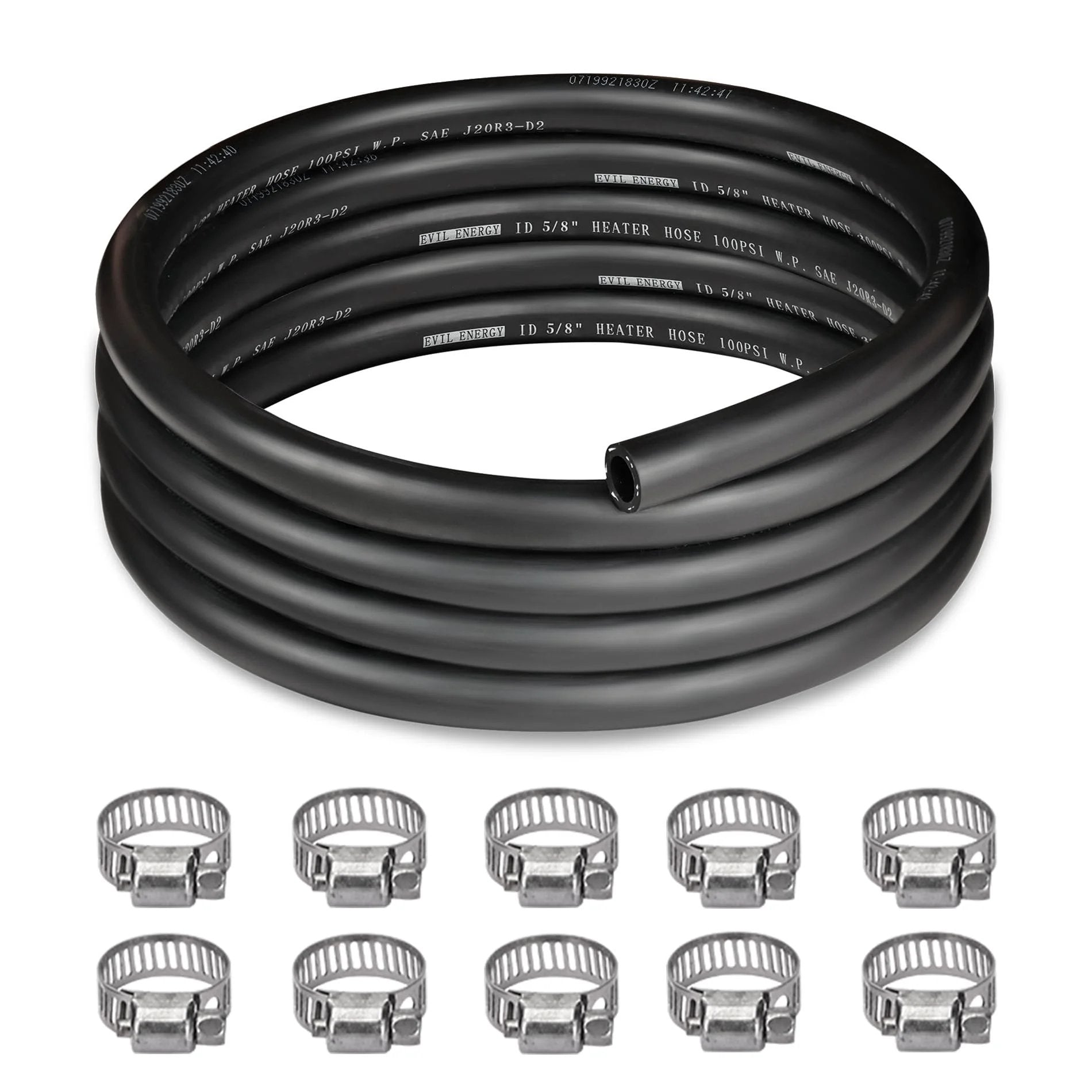 Five Eighth Inch Heater Hose Kit 10 Ft With Ten Clamps For Coolant And Radiator SAE 20R3 EPDM Black 100 PSI Working Pressure 300 PSI Burst EVIL ENERGY