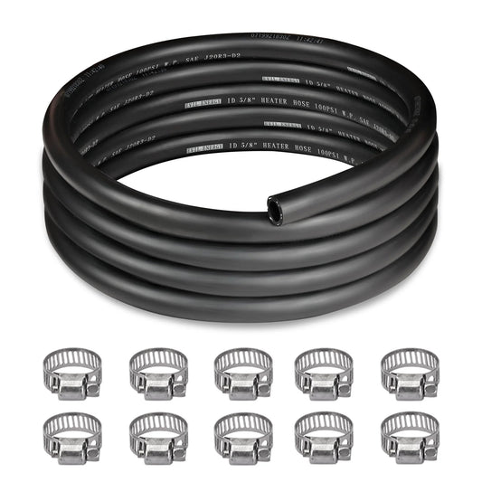 Five Eighth Inch Heater Hose Kit 10 Ft With Ten Clamps For Coolant And Radiator SAE 20R3 EPDM Black 100 PSI Working Pressure 300 PSI Burst EVIL ENERGY
