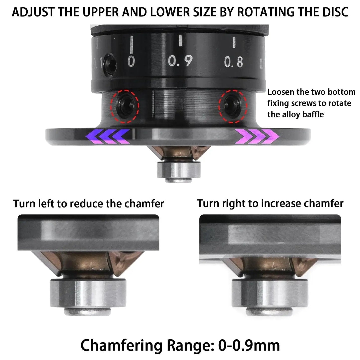 Adjustable disc of Handheld Pneumatic Chamfering Tool with 45 Degree Arc Corner One Quarter Inch Air Inlet for Metal and Wood Beveling.