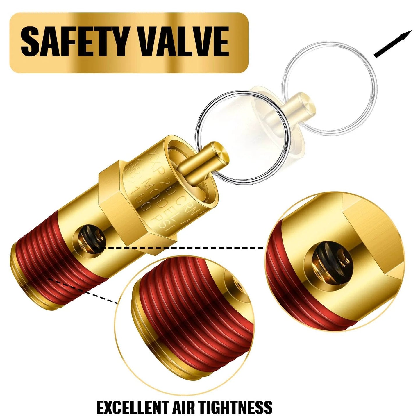 Four Pack One Quarter Inch NPT Pressure Relief Valves For Air Compressors Brass Safety Check Valves With Seals, 150 PSI, close-up view