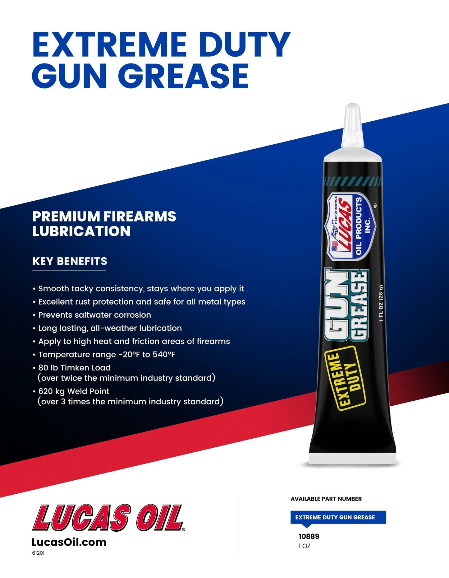 Extreme Duty Grease Gun 1 Oz Lubricant for Auto Maintenance and Heavy Equipment, Lucas Oil 10889, placed on a brochure