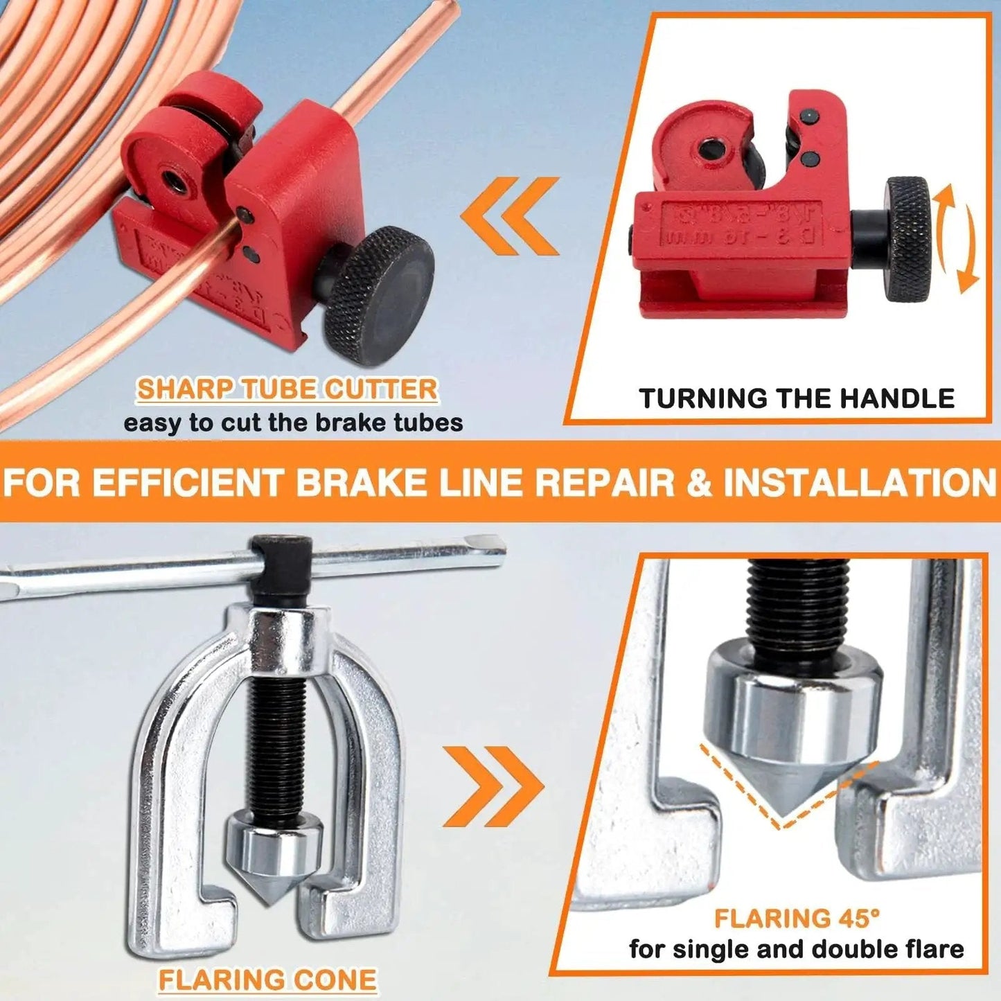 3/16 Inch Brake Line Repair Kit Flaring Tool Cutter Bender 25ft Coated Line showing tube cutter and flaring cone details