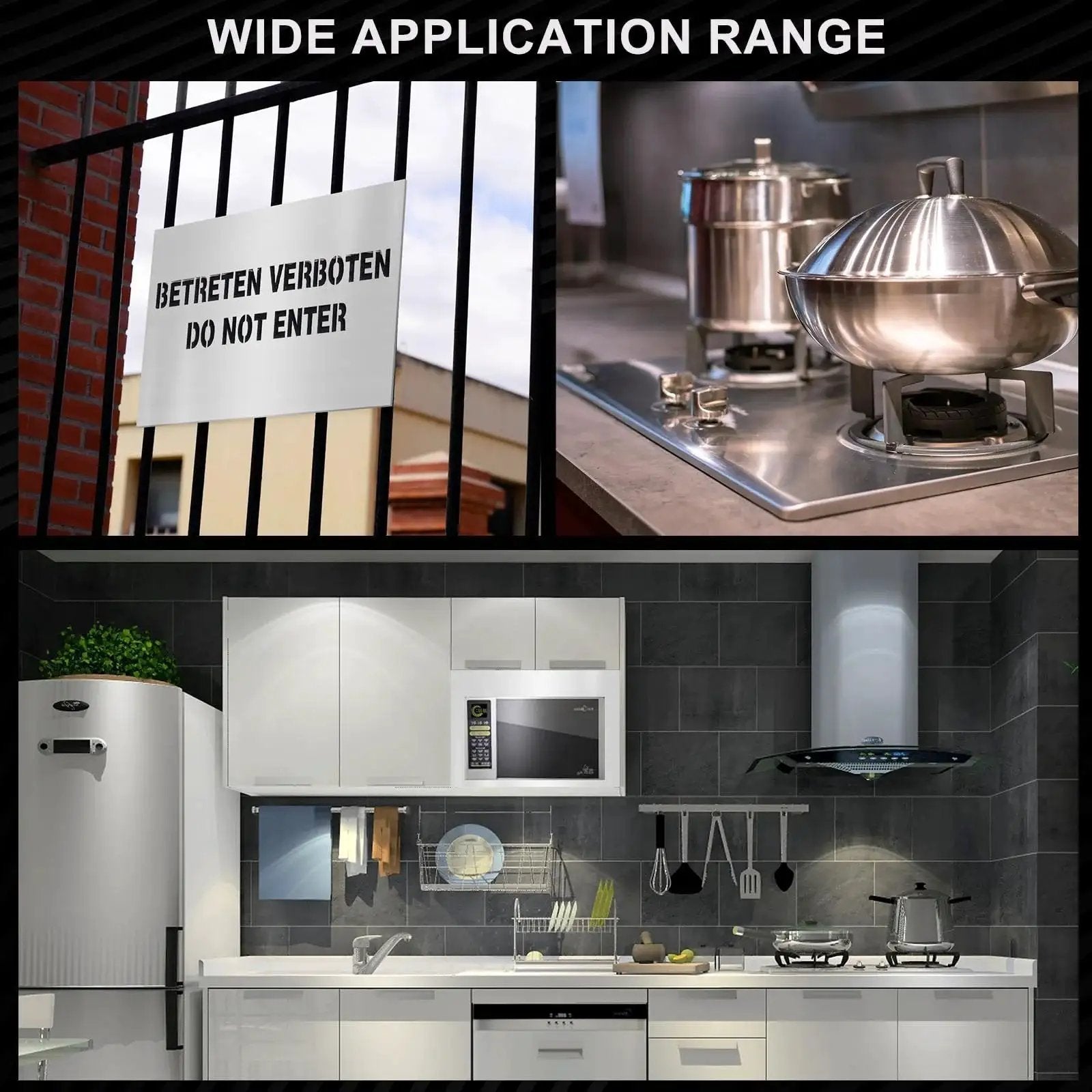 Collage showing signs, kitchen appliances, and cookware with Top Notch 304 Stainless Steel Sheets 12 X 8 X 0.024 Inch.