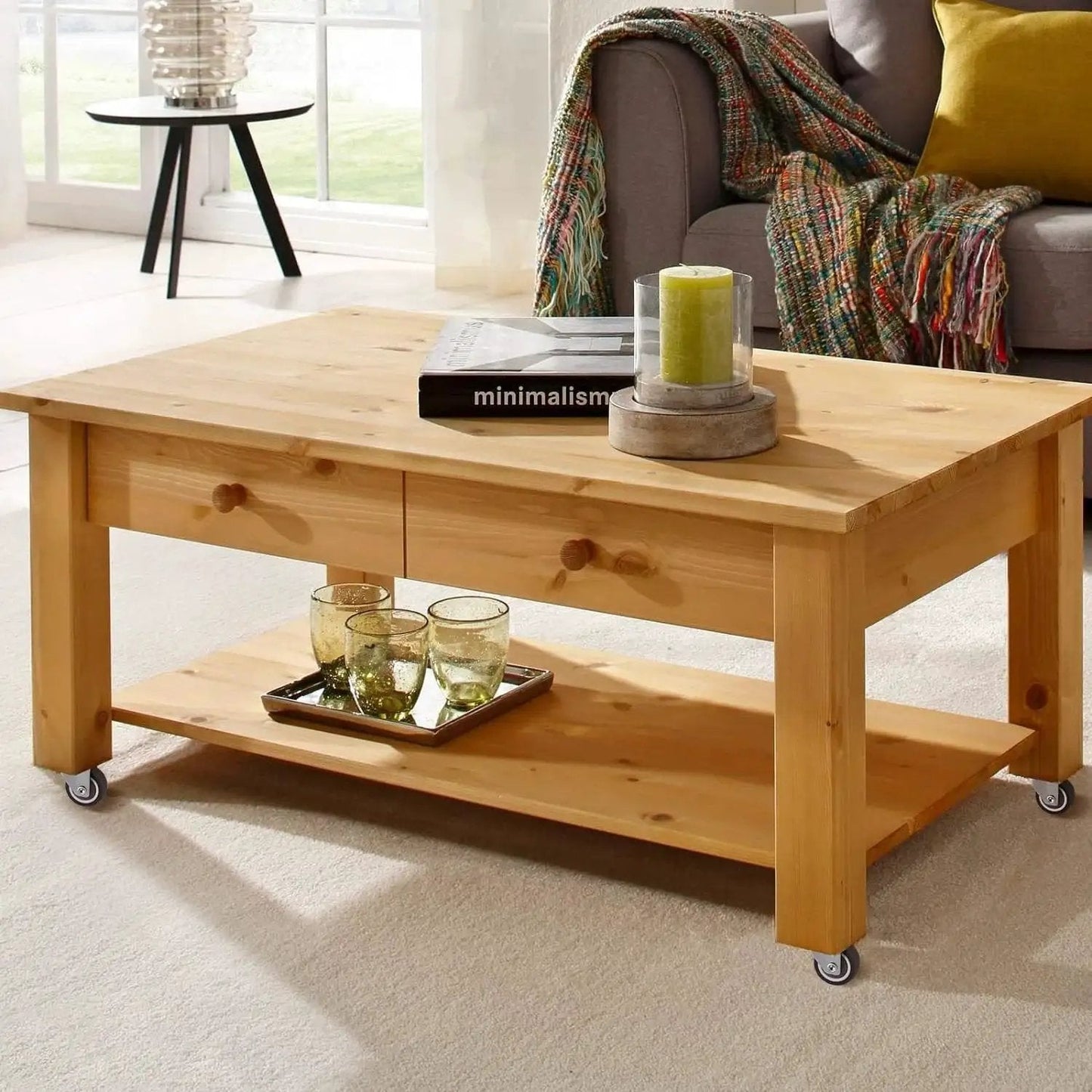 Wooden coffee table with 1 Inch Plate Caster Wheels Low Profile Swivel Casters Set Of 4 Heavy Duty 99 Lb Capacity With Brakes