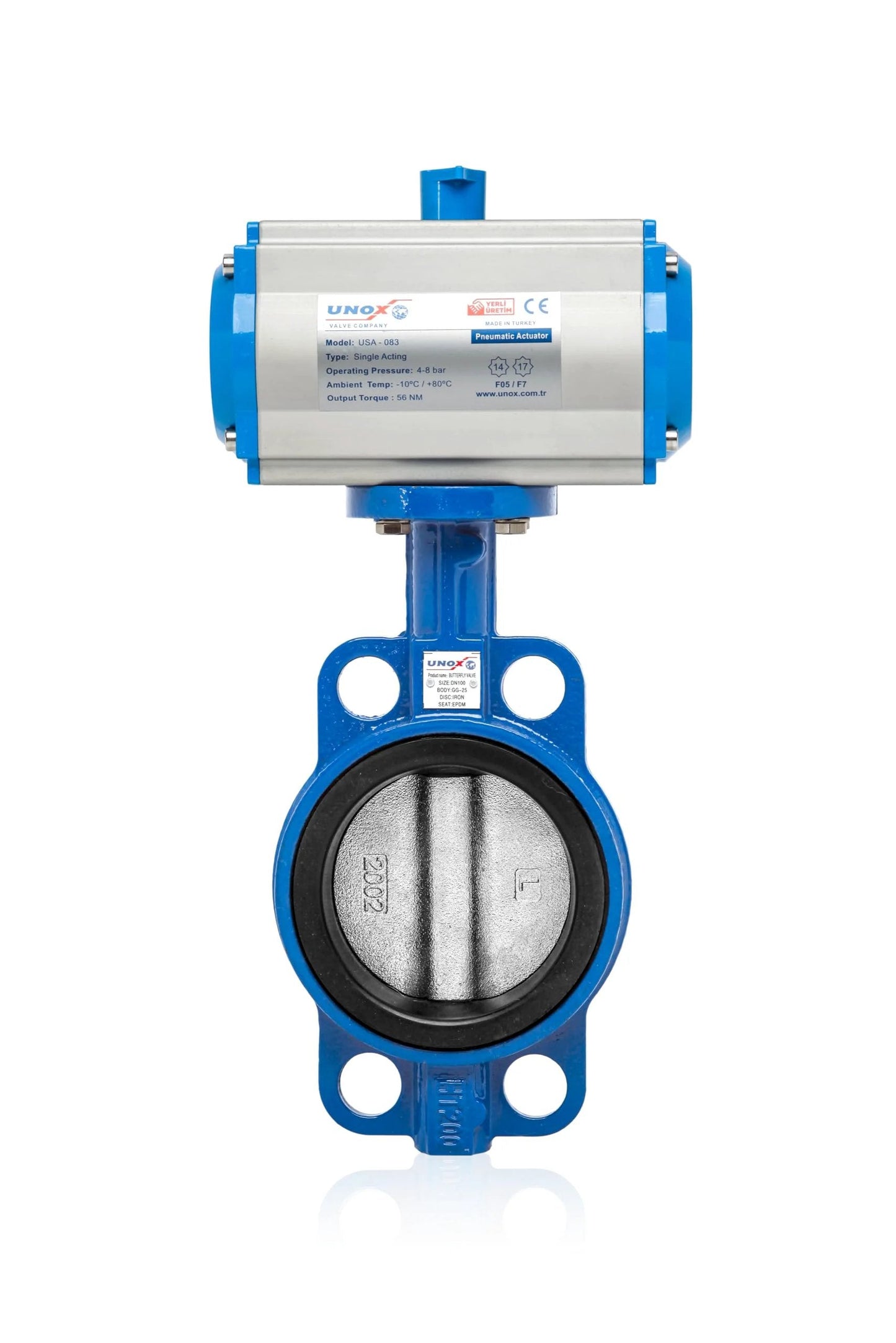 Front view of Pneumatic Actuated Butterfly Valve Wafer Type DN125 5 Inch Double Acting 230 PSI 16 Bar AISI 304 Disc