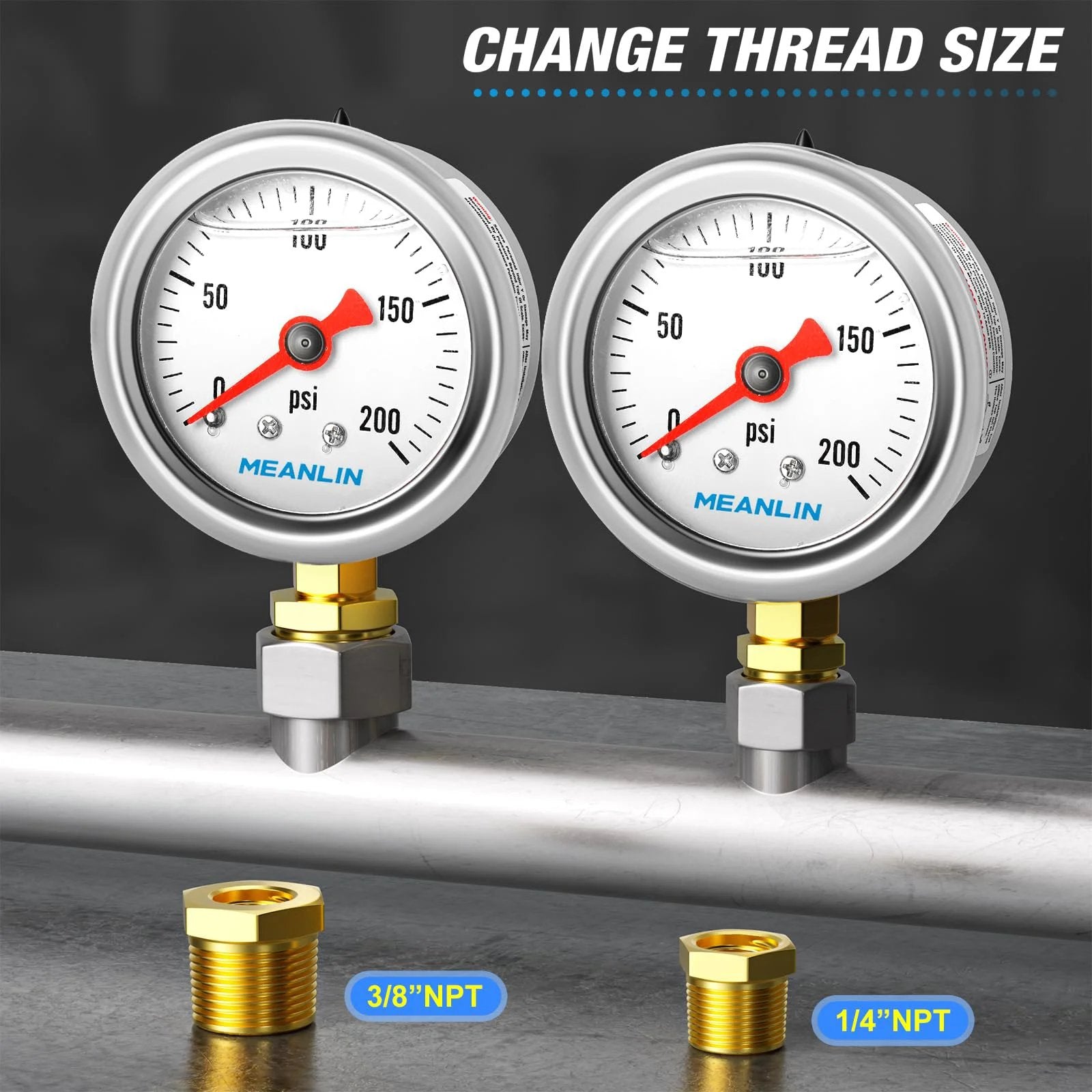 Stainless Steel Liquid Filled Pressure Gauge 0 To 200 Psi One Point Five Inch Dial One Eighth NPT Lower Mount Glycerin Filled.