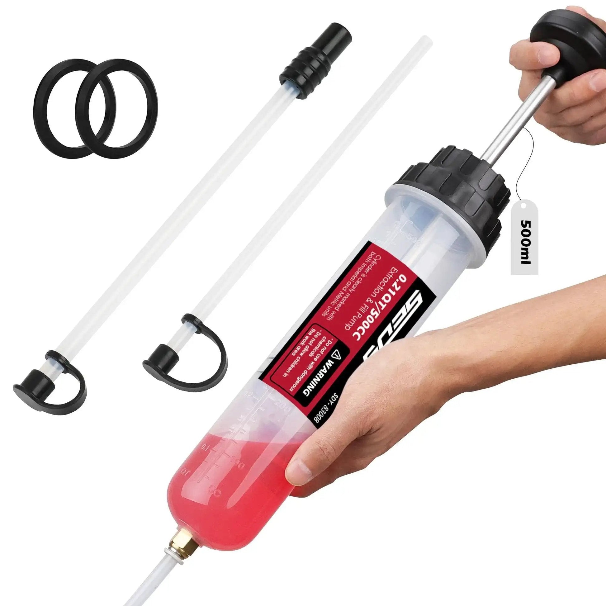 500cc Fluid Extractor And Oil Syringe With Leak Proof Dual Seal Pump with extension tubes and rings, used for fluid extraction