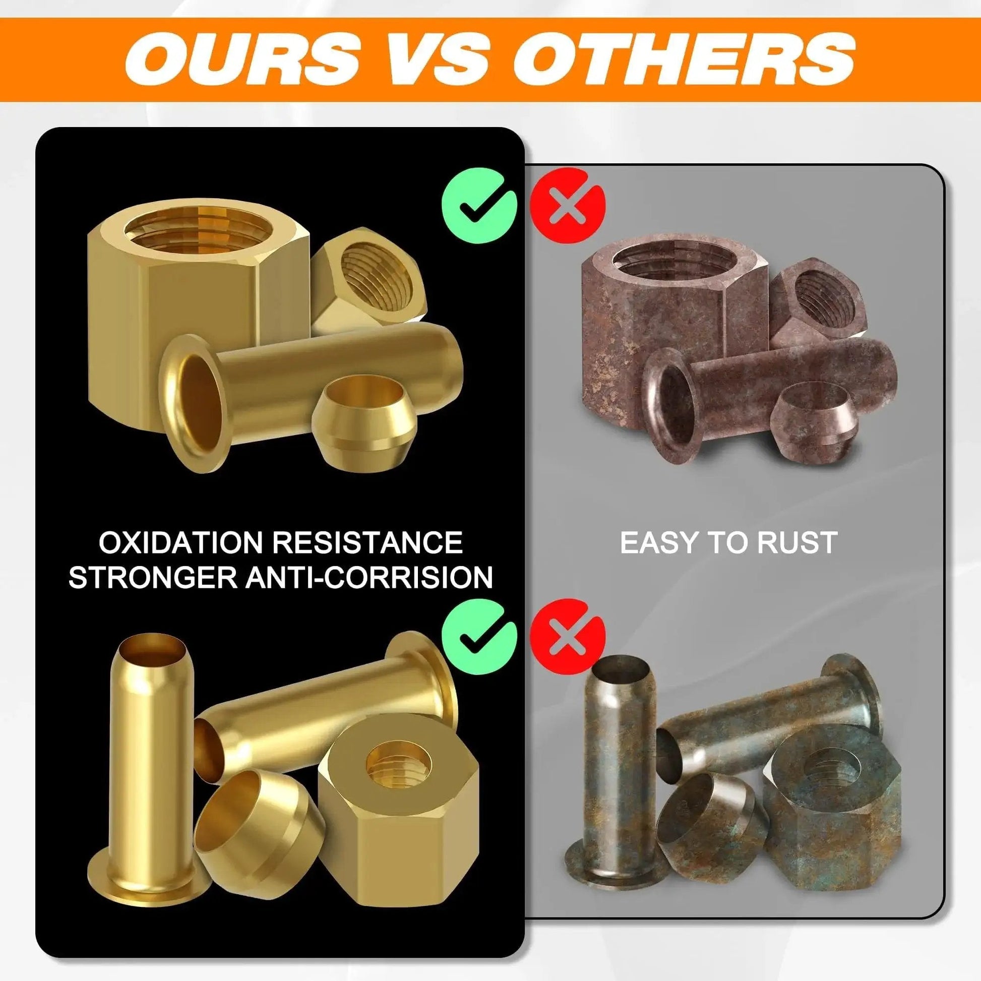 Comparison of brass compression fittings kit vs rusty parts, highlighting oxidation resistance and anti-corrosion benefits.