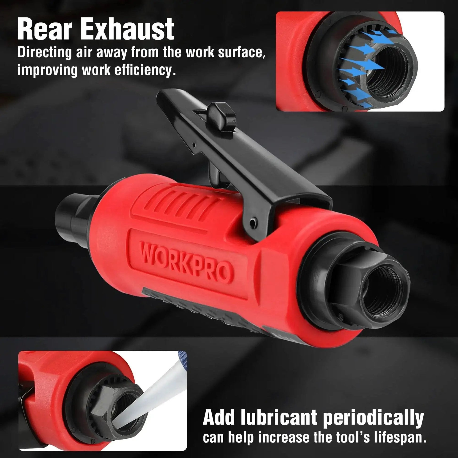 Powerful One Quarter Inch Pneumatic Straight Die Grinder With 25,000 RPM, shown with detailed view of rear exhaust and lubrication instructions.