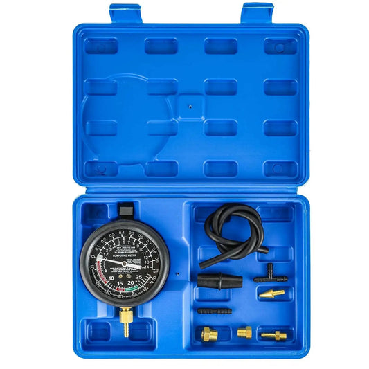 Vacuum And Fuel Pump Tester Kit For Engine Pressure And Carburetor Diagnostics in blue case with gauge and adapters