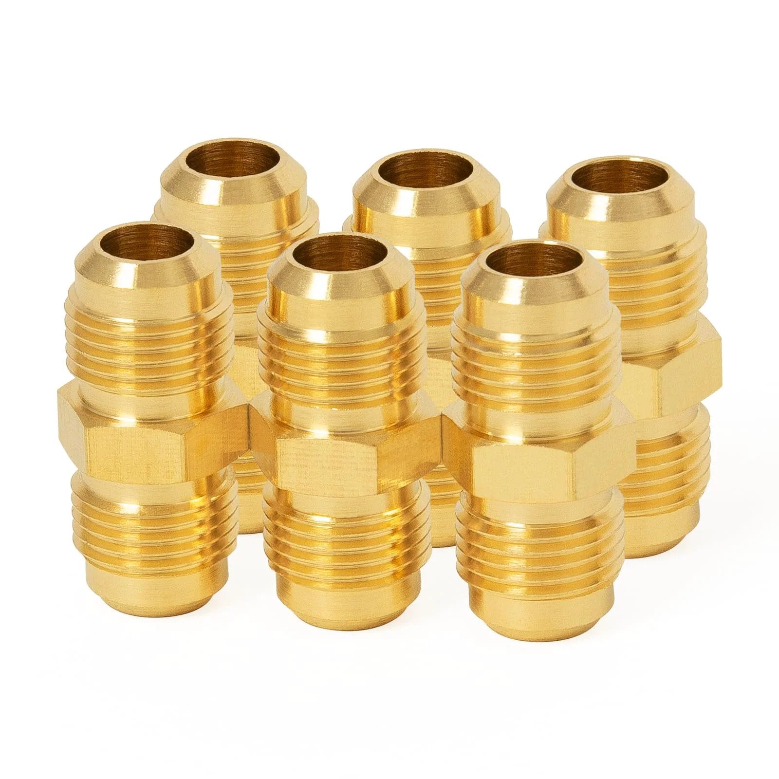 Six pack of Brass Flare Tube Fittings One Quarter Inch Male Flare to One Quarter Inch Male Flare Union Gas Adapter Pipe Connector
