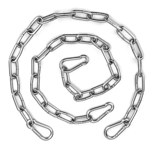 Two Pack Stainless Steel Gate Chain Lock For Outdoor Fences With Carabiner 24 Inch 5/32 Inch Links displayed coiled with carabiners