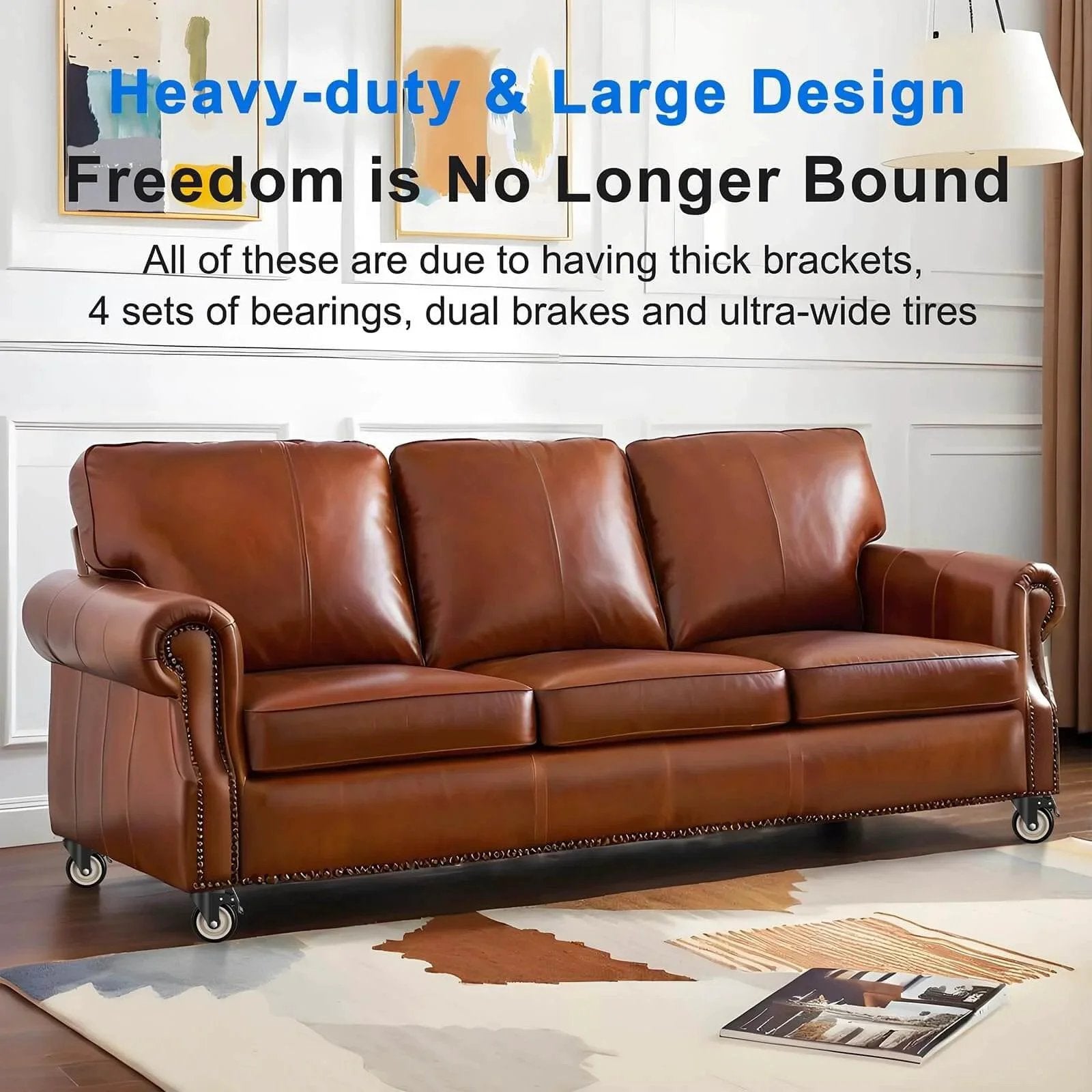 Brown leather sofa equipped with 4 inch heavy duty industrial caster wheels set of 4 with dual locking brakes, designed for easy mobility.