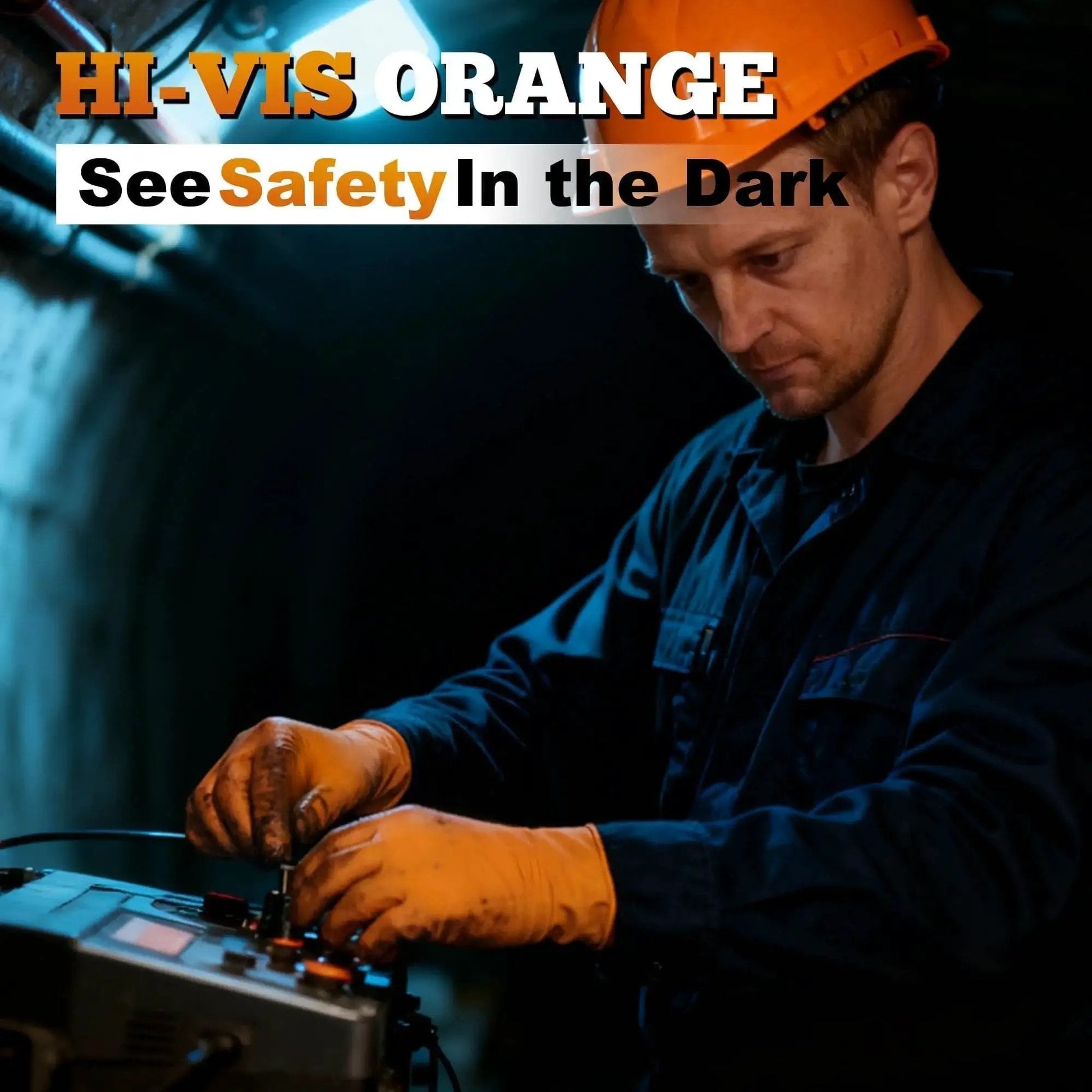 Man wearing Orange Nitrile Gloves 8 Mil Heavy Duty Powder Free Diamond Texture Grip 1000 Ct, working on equipment in dimly lit area.