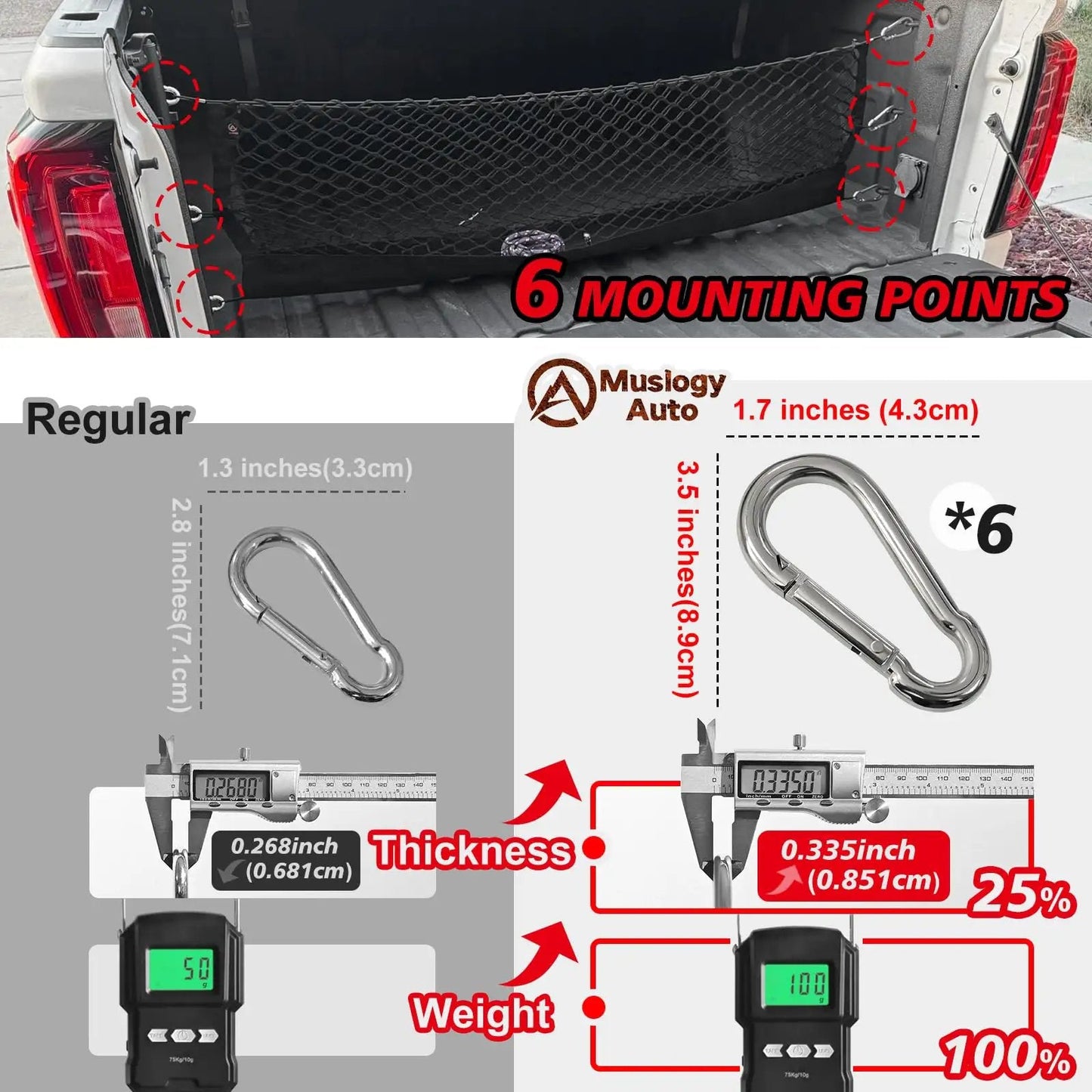 Heavy Duty Truck Bed Cargo Net For Silverado And Sierra Fits 2013 To 2026 1500 2500HD 3500HD showing 6 mounting points and carabiners.