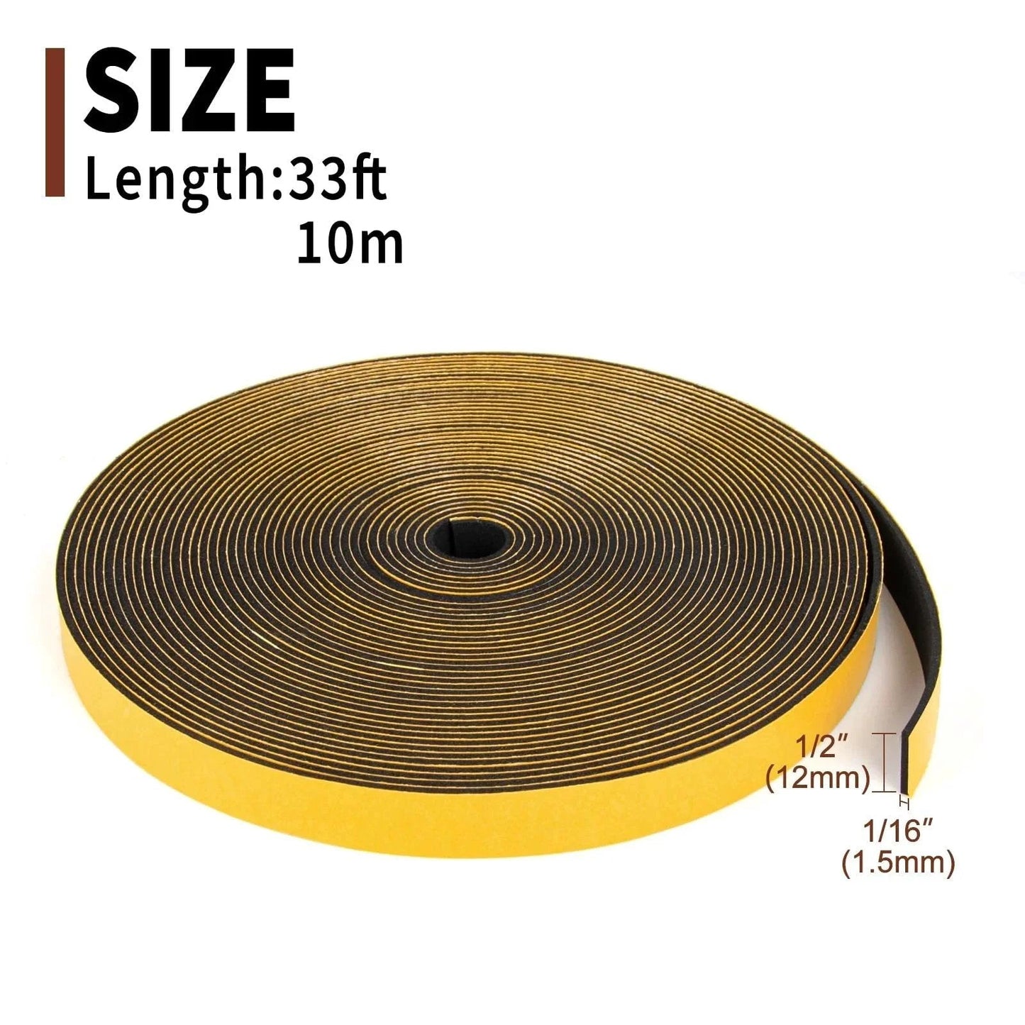 Self-Adhesive Thin Foam Weather Stripping Tape 1/2 Inch Wide by 1/16 Inch Thick, 33 Ft Long roll shown with measurements