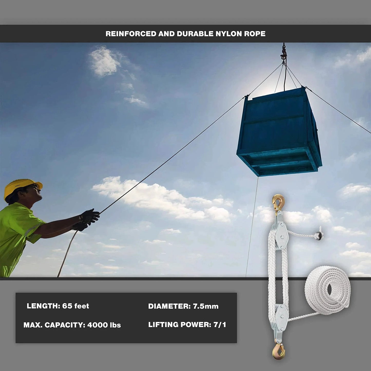 Heavy Duty Block And Tackle Pulley System for lifting heavy objects with 4000 lb breaking strength and 65 feet of 3/8 inch rope in use.
