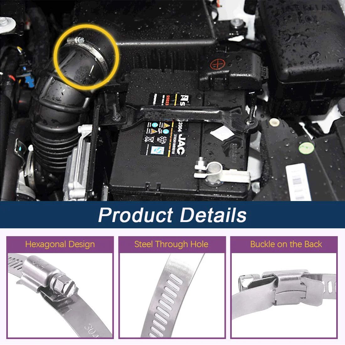 8 Pack Hose Clamps 9 To 10 Inch 304 Stainless Steel Worm Gear Adjustable Clamp installed on automotive hose with corrosion resistant zinc plating
