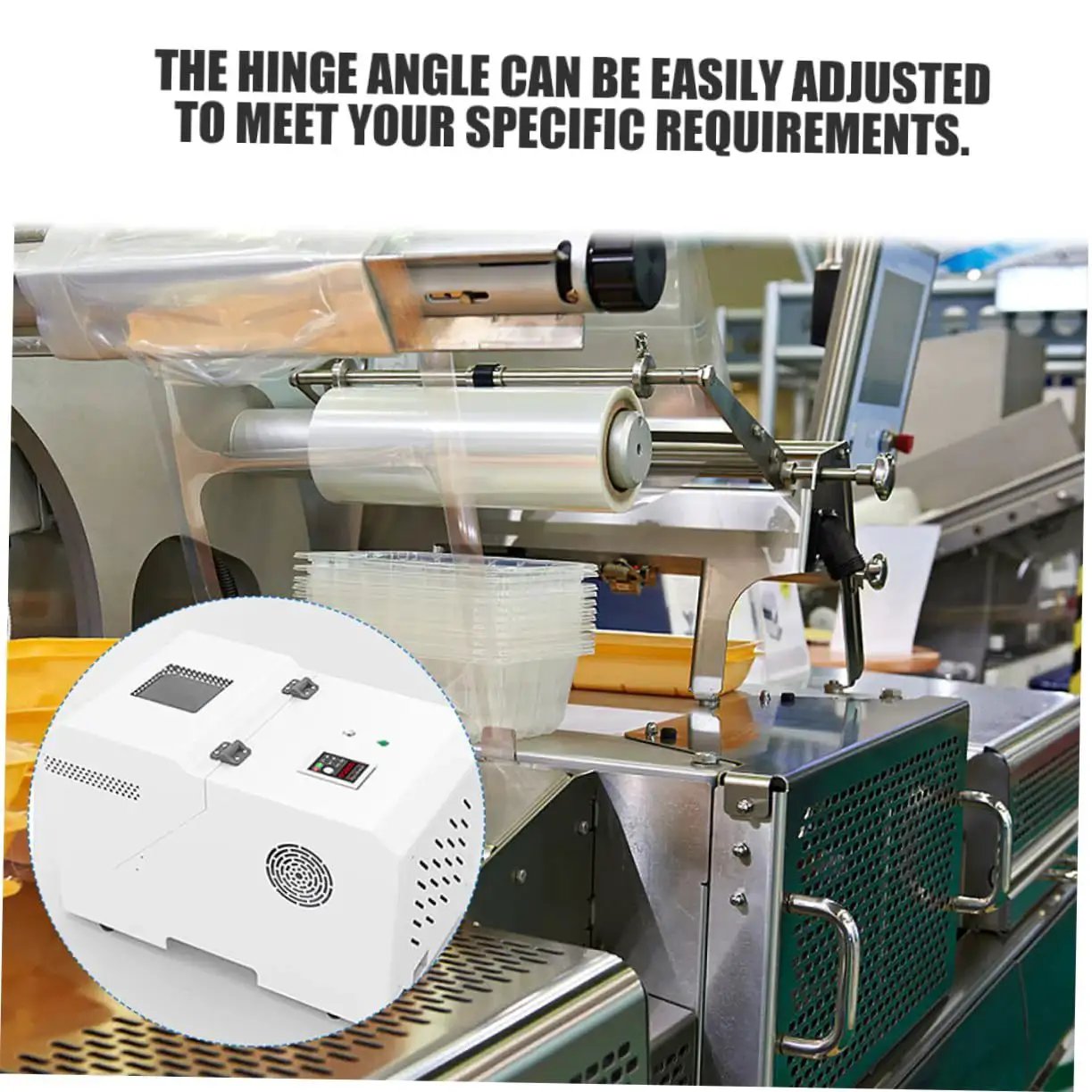 Packaging machine with hinge mechanism and control box for industrial use